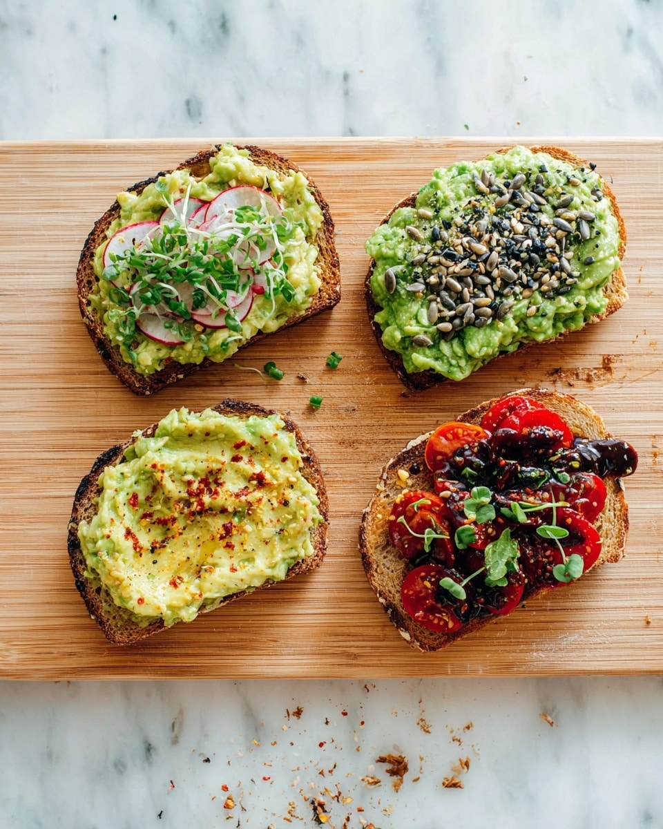Four slices of toasted multigrain bread are laid on a light wood cutting board over a white marbled surface. The top right toast is spread with mashed avocado and sprinkled with black and white seeds and sunflower seeds. The top left toast has a thick layer of mashed avocado topped with chopped radish and green onions, along with some sunflower seeds. The bottom left toast is covered with a smooth layer of mashed avocado, lightly sprinkled with chili flakes or red pepper. The bottom right toast has mashed avocado as the base, topped with sliced cherry tomatoes, some green leaves, and a drizzle of dark balsamic glaze. Small bits of seasoning are scattered around the toasts on the cutting board. photo taken with an iphone --ar 4:5 --v 7