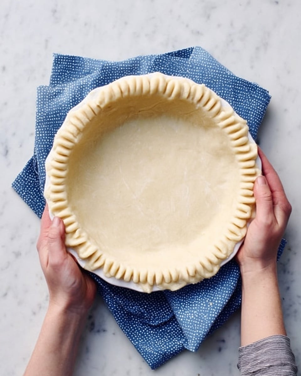 A close-up view of a pie crust in a round white pie dish, with edges pressed and crimped neatly all around. The pie crust is light beige with a smooth and slightly textured surface. The white pie dish sits on two cloths stacked on a white marbled surface; the bottom cloth is white with blue dots, and the top cloth is solid blue with frayed edges. Two woman's hands are holding the pie dish gently, one on each side, with pale skin tones and clean, neat fingernails. photo taken with an iphone --ar 4:5 --v 7