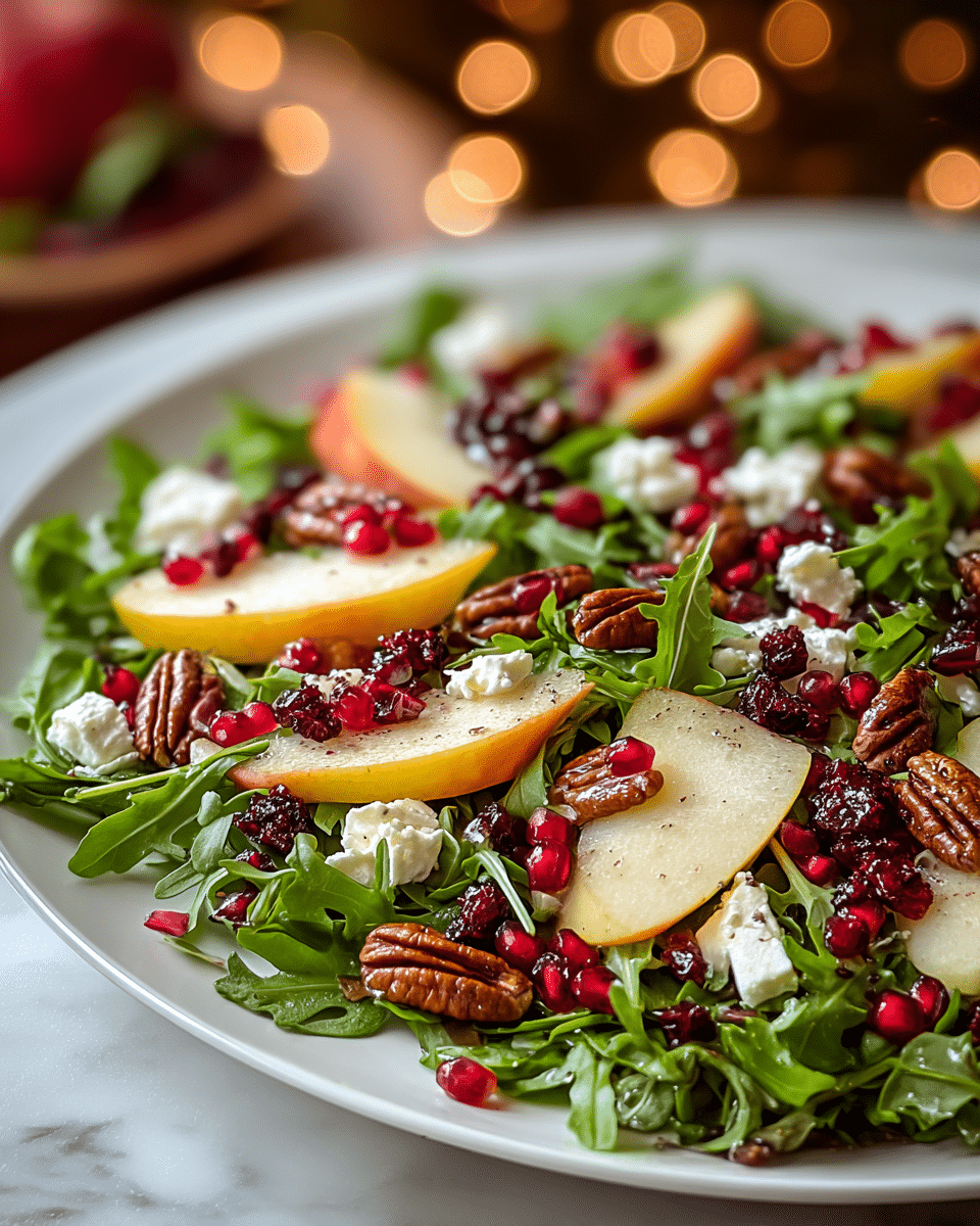 A fresh salad is spread over a single layer of bright green arugula leaves on a white plate, placed on a white marbled surface. The arugula's jagged leaves create a textured green base. On top, there are several thin slices of yellowish pear with a reddish edge, arranged evenly. Bright red pomegranate seeds and dark red dried cranberries are scattered around, adding a jewel-like shine. Small chunks of soft white cheese are nestled between the greens and fruits, while light brown pecan halves are placed sporadically, adding a crunchy texture contrast. The photo is vibrant with warm lighting and soft bokeh lights in the background, photo taken with an iphone --ar 4:5 --v 7