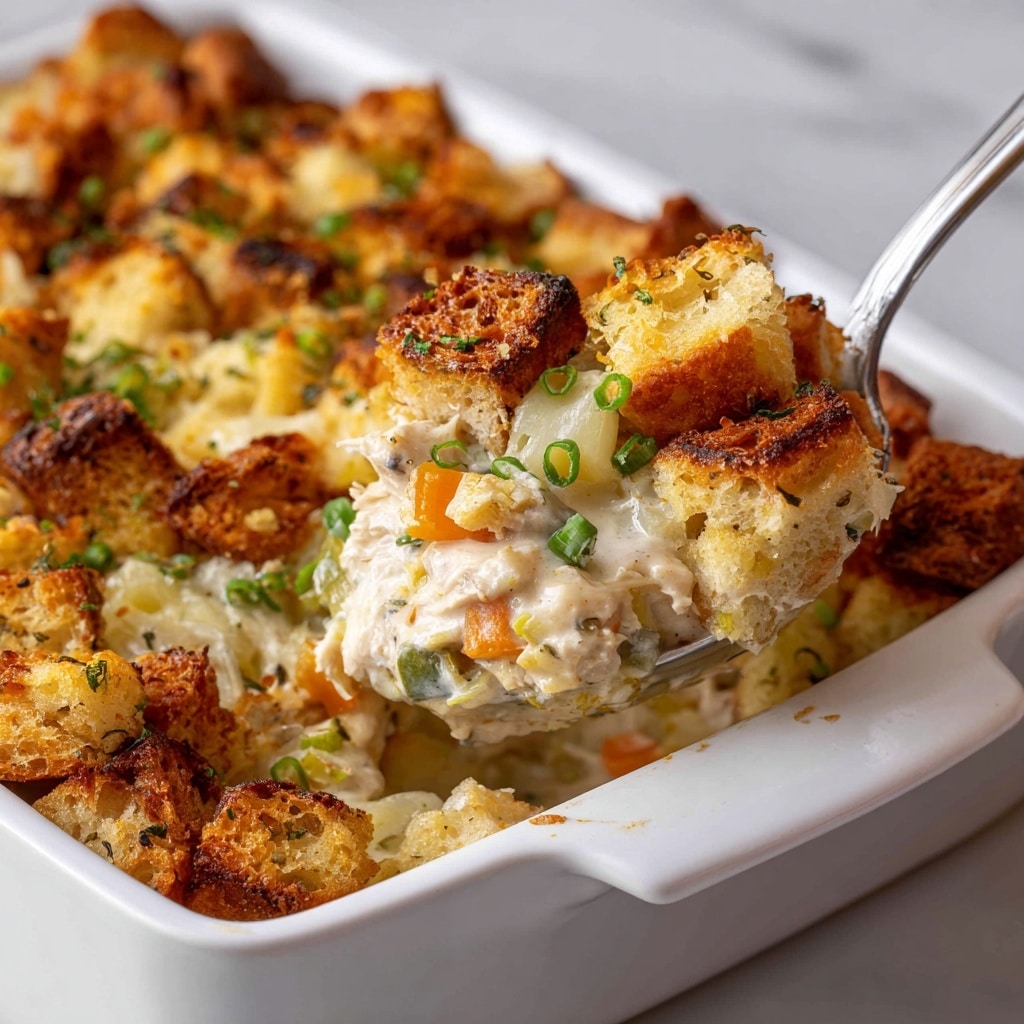 A white rectangular casserole dish filled with a baked chicken and vegetable casserole, topped with a thick layer of golden brown, crispy bread crumb crumbles with a rough texture and small green onion pieces scattered throughout. The filling underneath is creamy and visible where a spoon has scooped out a portion, showing chunks of white chicken, soft mixed vegetables like carrots and peas in a pale yellow sauce. A silver spoon is partially inside the dish on the left side, resting on the crumbled topping. The dish sits on a white marbled surface with a white plate and silver fork nearby. Photo taken with an iphone --ar 4:5 --v 7