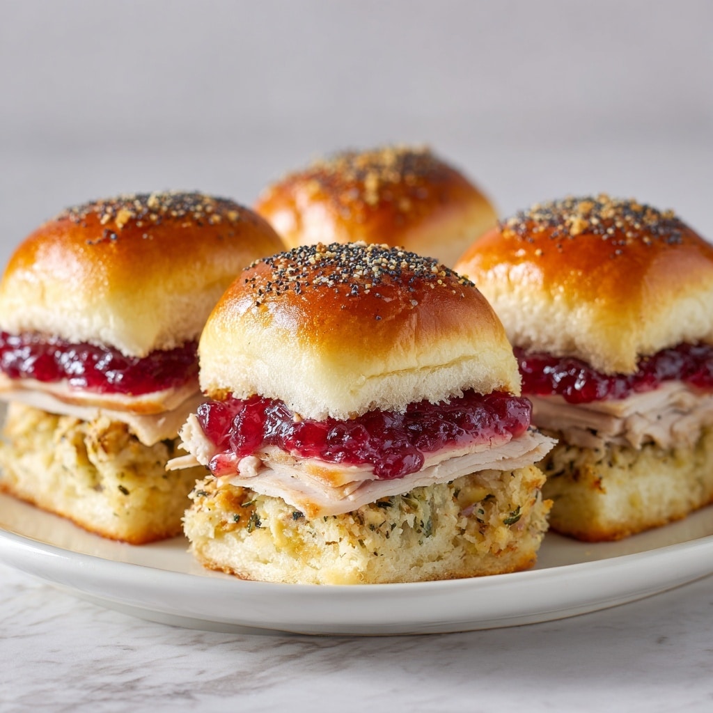 The image shows small sandwich sliders on a white plate with a white marbled background. Each slider has four layers: the bottom layer is a textured yellowish stuffing with visible bits of herbs, followed by a layer of thinly sliced white turkey meat, then a thick, glossy layer of dark red cranberry sauce, and finally a golden-brown, soft, shiny top bun sprinkled with black poppy seeds and a few green herb pieces. The sliders are close together, with a warm, inviting appearance and soft lighting that highlights the textures and colors vividly. Photo taken with an iphone --ar 4:5 --v 7