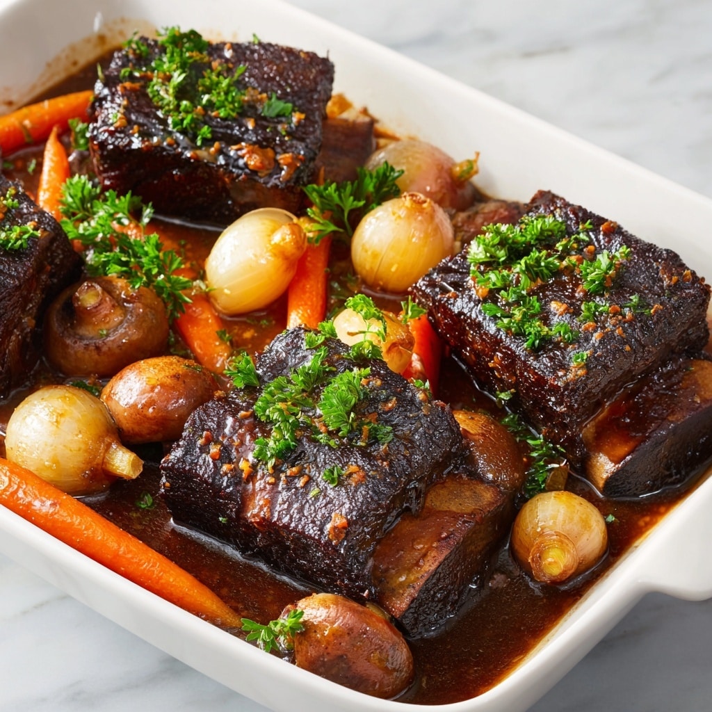 A white rectangular dish filled with several thick, dark brown pieces of cooked beef short ribs, each with a rich, slightly shiny texture. Around and between the meat are bright orange whole baby carrots and light brown whole pearl onions, some sliced to show soft layers inside. Scattered throughout are sliced mushrooms, light brown with darker centers, all coated in a glossy, dark brown sauce that fills the bottom of the dish. Fresh green parsley leaves are sprinkled on top for color contrast. The dish sits on a white marbled surface. photo taken with an iphone --ar 4:5 --v 7
