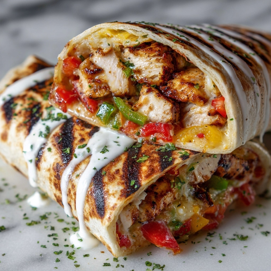 The image shows two close-up wraps stacked on a wooden board with a white marbled texture underneath. Each wrap has three visible layers: the outer layer is a light golden-brown, slightly grilled flatbread; inside, there are shredded pieces of cooked chicken with a light brown color, mixed with colorful slices of red, green, and yellow bell peppers; the innermost visible layer is a creamy white sauce that lightly coats the chicken and peppers, with fresh green chopped herbs sprinkled on top and around the wraps. Photo taken with an iphone --ar 4:5 --v 7