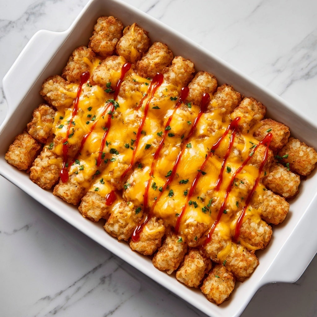 A close-up of a white plate with a layered tater tot casserole. The bottom layer is ground beef mixed with cheese and bright yellow corn kernels scattered throughout. On top of this is a thick layer of golden brown tater tots arranged side by side, with melted orange cheese spreading between and underneath them. The dish is drizzled with red ketchup-like sauce over the tater tots, adding a glossy finish. The texture shows crispy edges on the tater tots with soft, melty cheese and crumbly beef beneath. The plate sits on a white marbled background. photo taken with an iphone --ar 4:5 --v 7