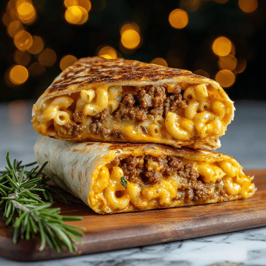 The image shows a burrito cut in half to reveal two layers inside. The first inner layer is a creamy, yellow-orange macaroni and cheese with smooth, glossy noodles tightly packed. The second layer is browned ground meat with a slightly crumbly texture, nestled above the pasta. The outside is a golden-brown grilled tortilla with char marks, wrapping the fillings tightly. The burrito halves are stacked on a wooden board with a few small green herb sprigs nearby. The background is a blurred white marbled texture. photo taken with an iphone --ar 4:5 --v 7