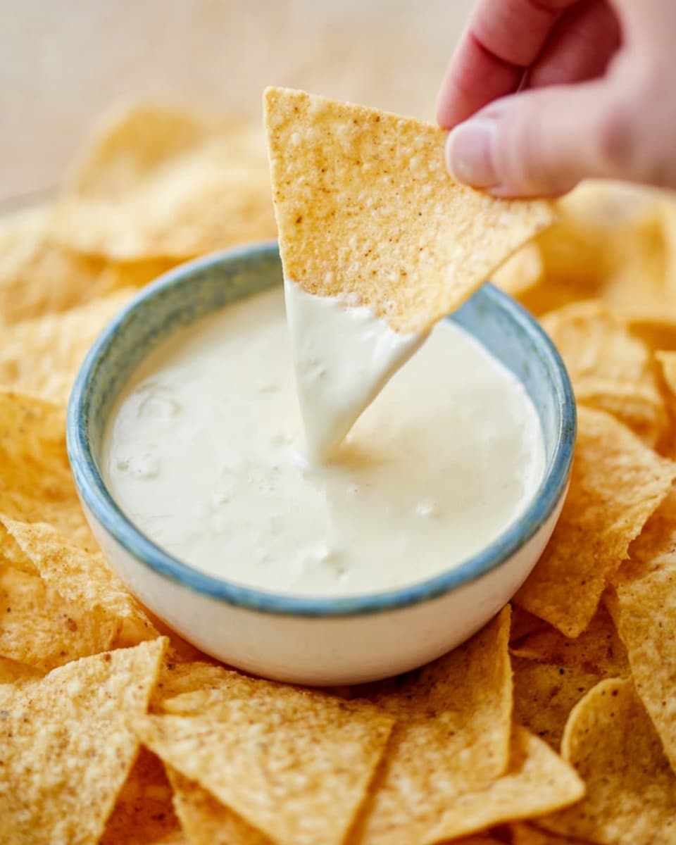 A small blue ceramic bowl filled with a smooth, creamy white dip with tiny black specks sits on a white marbled surface. Surrounding the bowl is a scattered layer of light beige triangular tortilla chips with a slightly textured surface and a hint of golden brown spots. The chips are unevenly piled around the bowl, creating a rustic and inviting look. photo taken with an iphone --ar 4:5 --v 7