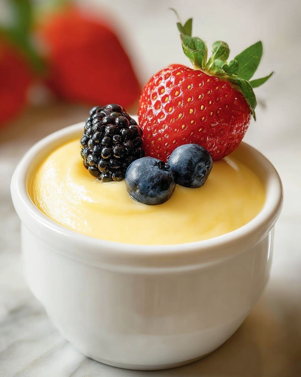 A white cup filled with smooth, creamy pale yellow pudding topped with one bright red strawberry with green leaves, one shiny black blackberry, and two plump, dark blue blueberries. The cup sits on a white marbled surface, and the background is softly blurred with hints of red and green colors. Photo taken with an iphone --ar 4:5 --v 7