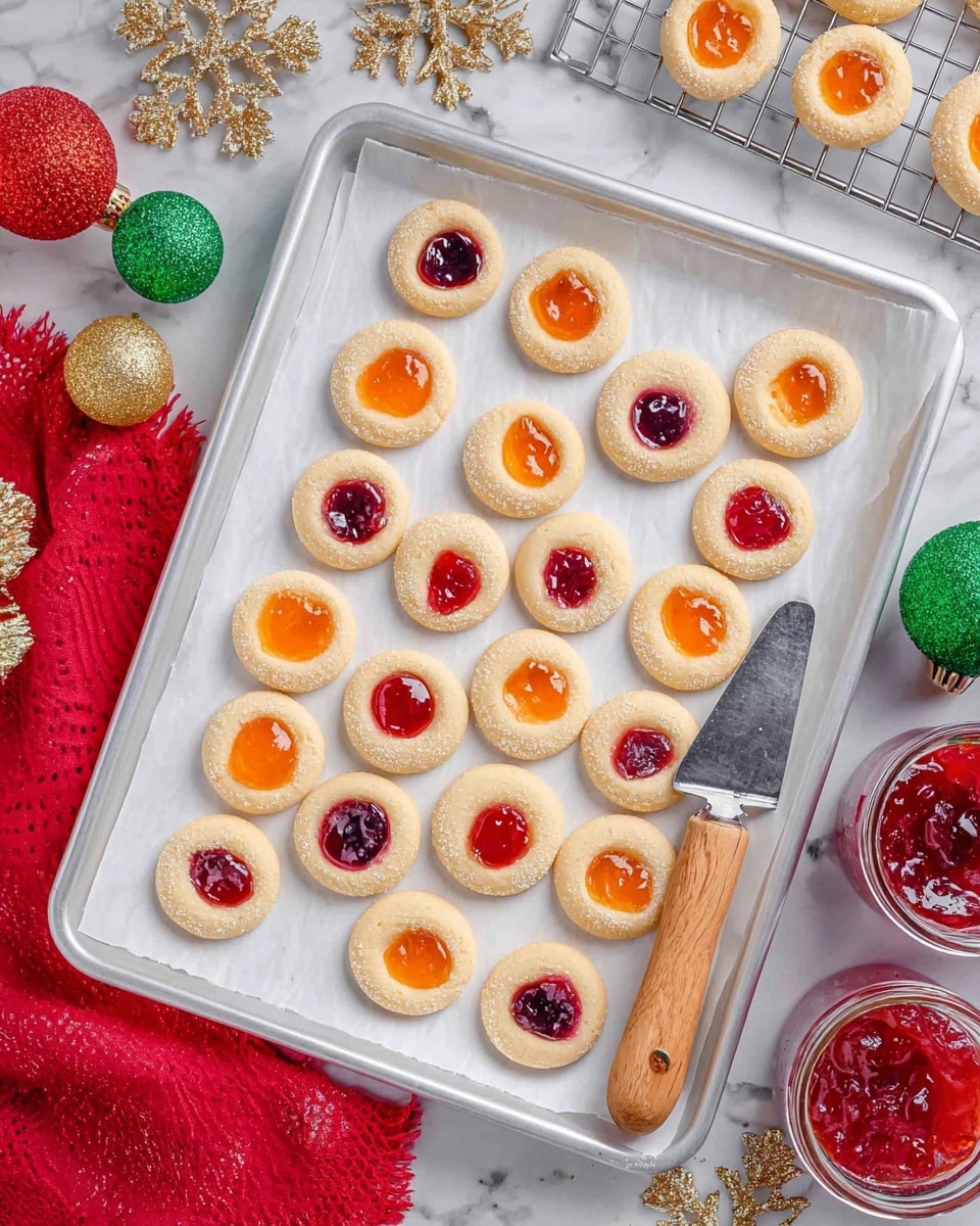 This image shows a white baking tray filled with two types of round thumbprint cookies, each with a single layer of golden beige dough forming the base and a glossy jelly filling in the center; one type has a deep red jelly, and the other a bright orange jelly. The cookies are evenly spaced on white parchment paper lining the tray. A metal spatula with a light wooden handle rests under one orange-jelly cookie. Surrounding the tray on a white marbled surface are festive decorations including green and red ornaments, gold snowflakes, a red cloth, and a cooling rack with more cookies on the top right. There are also small glass jars filled with the same jellies visible along the bottom edge of the frame. Photo taken with an iphone --ar 4:5 --v 7