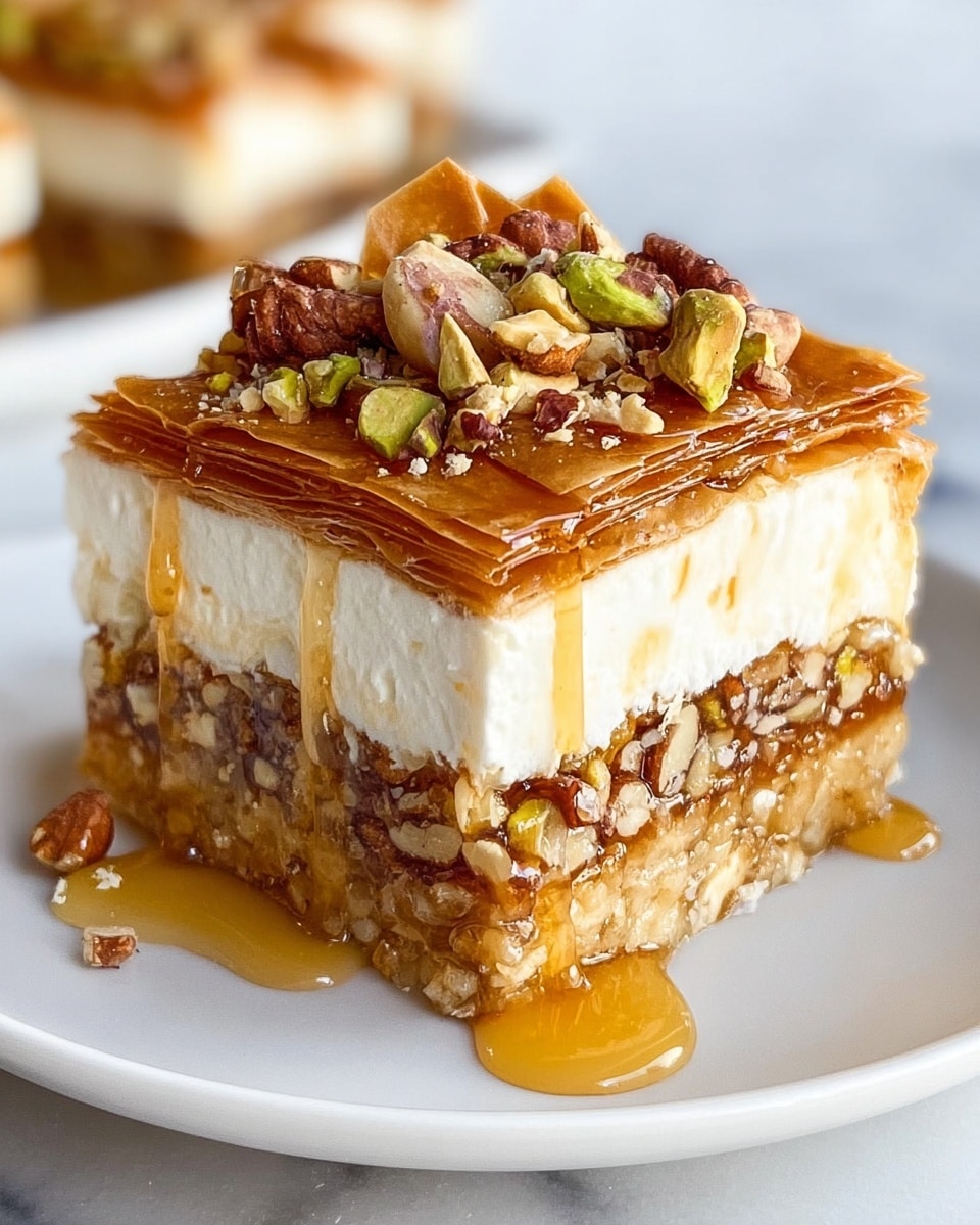 A close-up of a layered dessert on a white plate, set on a white marbled surface, showing four visible layers: the bottom layer is a brown crust with visible nut pieces, above it is a thick creamy white layer with embedded nuts, followed by several very thin and crispy light golden brown pastry layers, and the topmost layer is drizzled with honey and covered with a mix of whole and chopped nuts including almonds, pistachios, and walnuts, some honey dripping down the sides pooling on the plate. Photo taken with an iphone --ar 4:5 --v 7