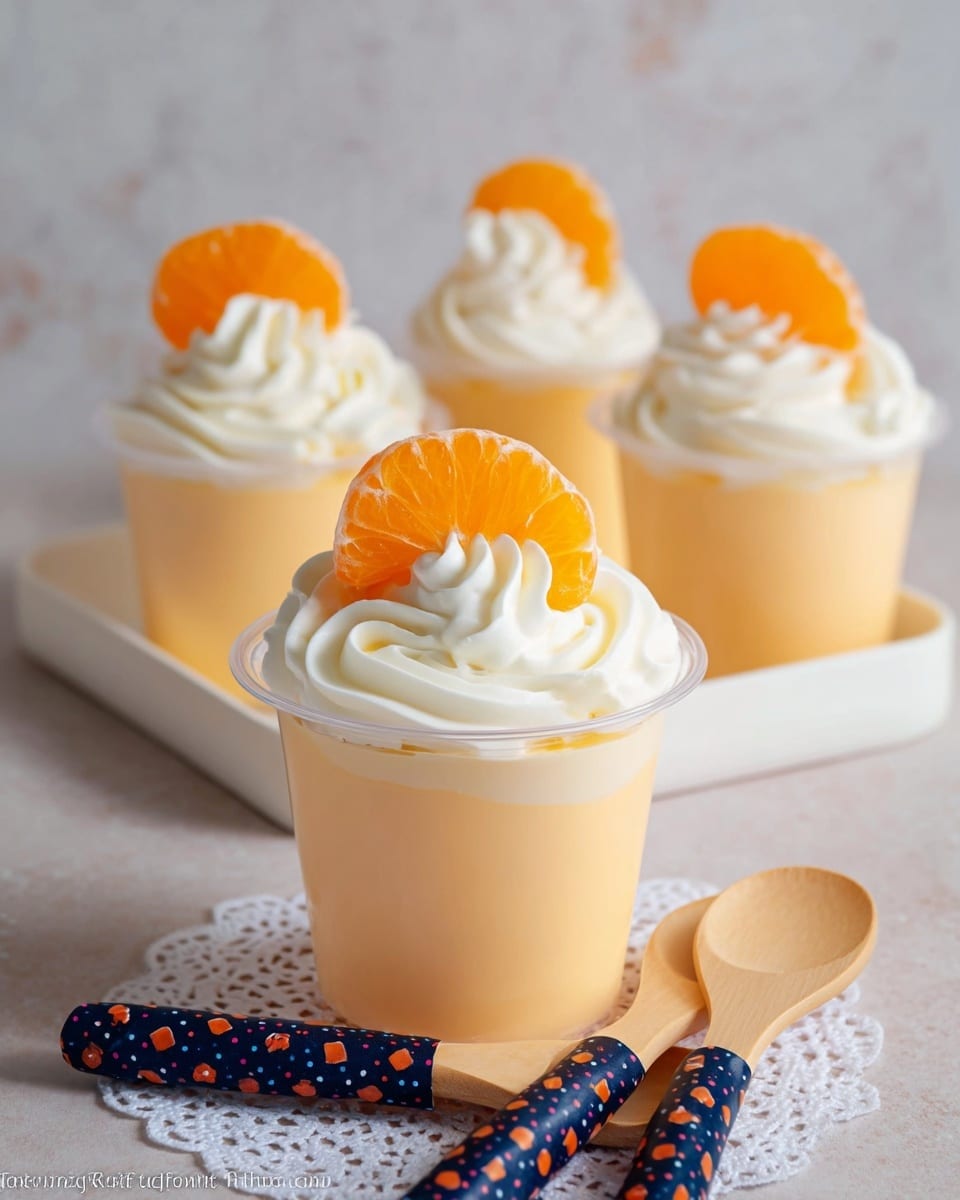 The image shows three small clear cups filled with three layers. The bottom layer is a smooth, light orange pudding. On top of the pudding is a thick swirl of white whipped cream giving the top a soft, fluffy texture. Each cup is crowned with a shiny, bright orange mandarin slice placed upright in the whipped cream. The cups are set on a white marbled surface with a delicate white lace doily under the front cup. There are two small wooden spoons with colorful blue and orange patterned handles lying next to the front cup. In the corner, a small white bowl holds more mandarin slices. Photo taken with an iphone --ar 4:5 --v 7