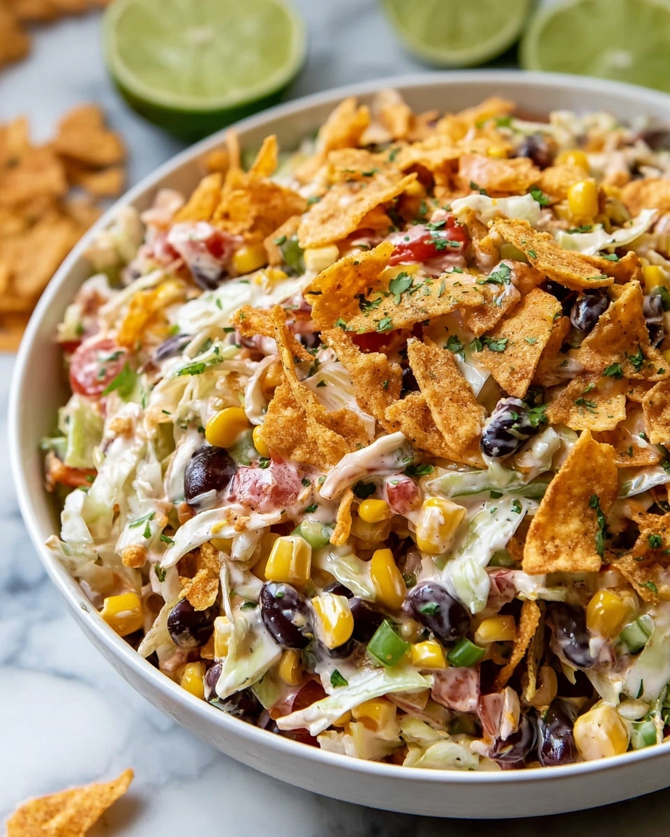 A white bowl filled with a colorful mixed salad showing three main visual layers: a base of finely shredded white and purple cabbage, thin slices of orange carrots, and scattered black beans and yellow corn kernels mixed throughout. The salad is coated with creamy white dressing, giving it a slightly shiny texture, with small bits of green herbs sprinkled on top. On top, crunchy orange chip pieces are placed as garnish, adding a crunchy texture and contrast. The bowl is set on a white marbled surface with some lime halves and extra chips around for decoration. photo taken with an iphone --ar 4:5 --v 7
