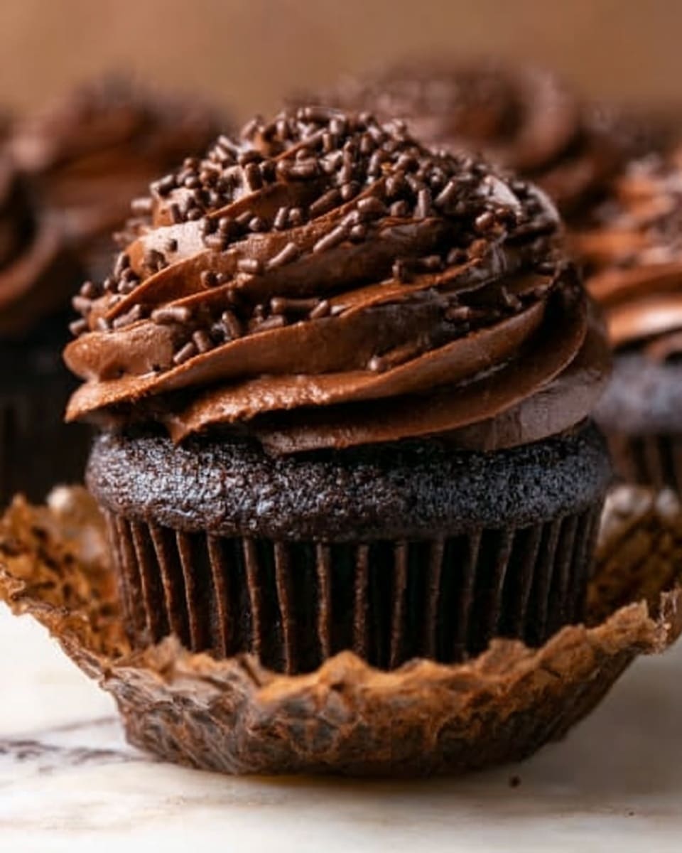 A close-up of dark chocolate cupcakes on a white plate, each cupcake has two layers: the bottom layer is a rich, moist dark brown chocolate cake with a textured surface, and the top layer is thick swirls of smooth, creamy chocolate frosting in a medium brown shade, decorated with small dark chocolate sprinkles scattered on the frosting and around the plate. The background has a soft, out-of-focus light brown tone with a white marbled texture surface beneath the plate. photo taken with an iphone --ar 4:5 --v 7