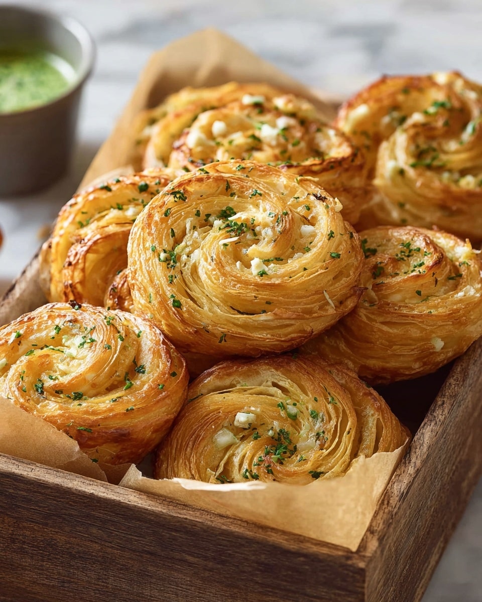 This close-up image shows a stack of two savory pastry muffins on a white marbled surface. The bottom muffin has a golden-brown, layered crust with visible flaky texture and swirls, topped with small green herb pieces and white crumbs. The top muffin is cut open, showing multiple thin, soft, and slightly glossy light yellow-orange layers with a chewy texture inside. Around the muffins, parts of other similar pastries blur softly in the background, creating a warm and inviting look. photo taken with an iphone --ar 4:5 --v 7