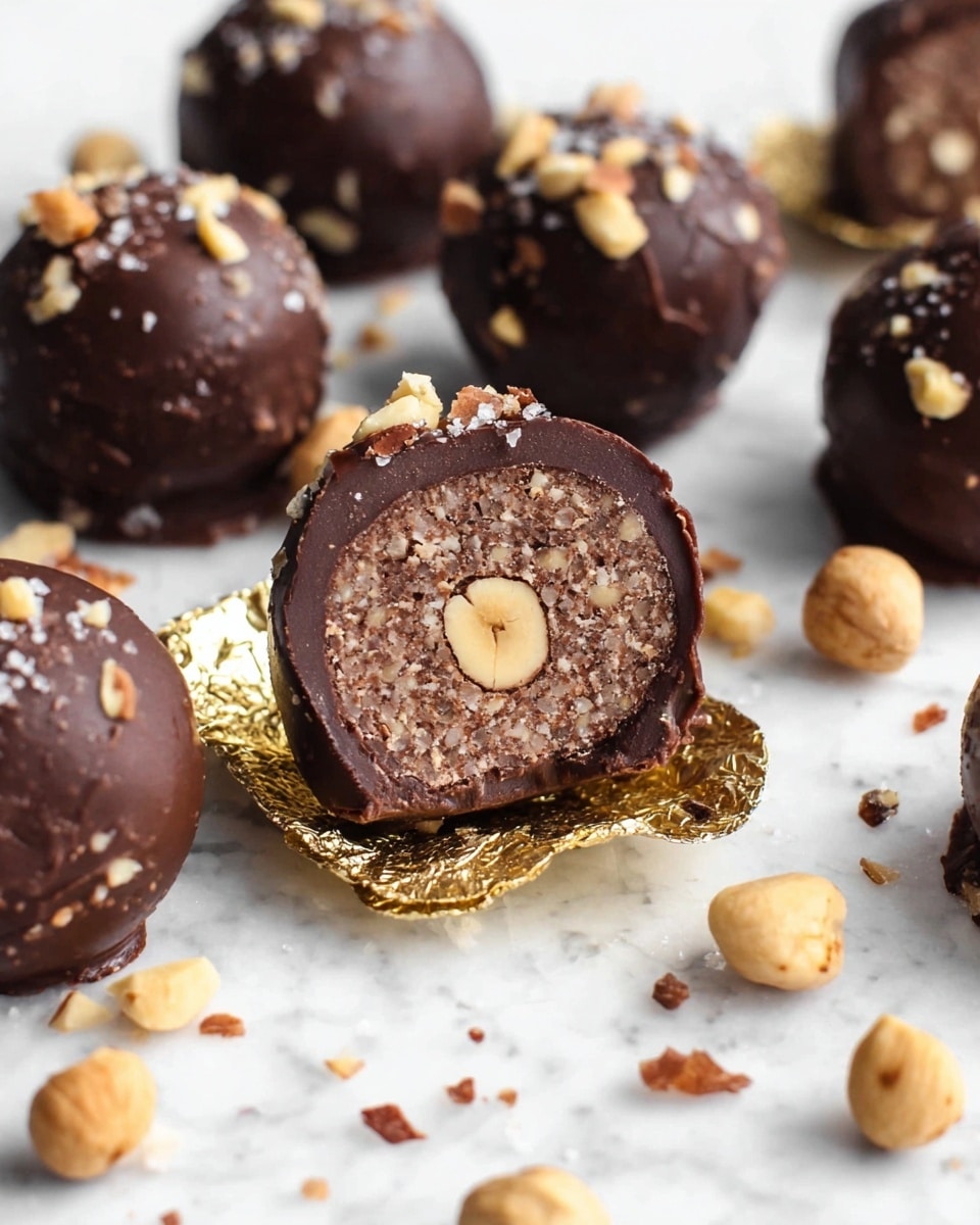 The image shows several round chocolate balls with a rough texture, studded with chopped nuts on the outside. One ball is cut in half at the front, revealing a dense, dark brown interior with small bits of nuts throughout and a whole hazelnut at the center. The balls are placed on a white marbled surface with some golden foil pieces underneath, and scattered hazelnuts and tiny nut bits around. The overall scene is bright and clean, focusing on the rich, nutty chocolate treats. photo taken with an iphone --ar 4:5 --v 7