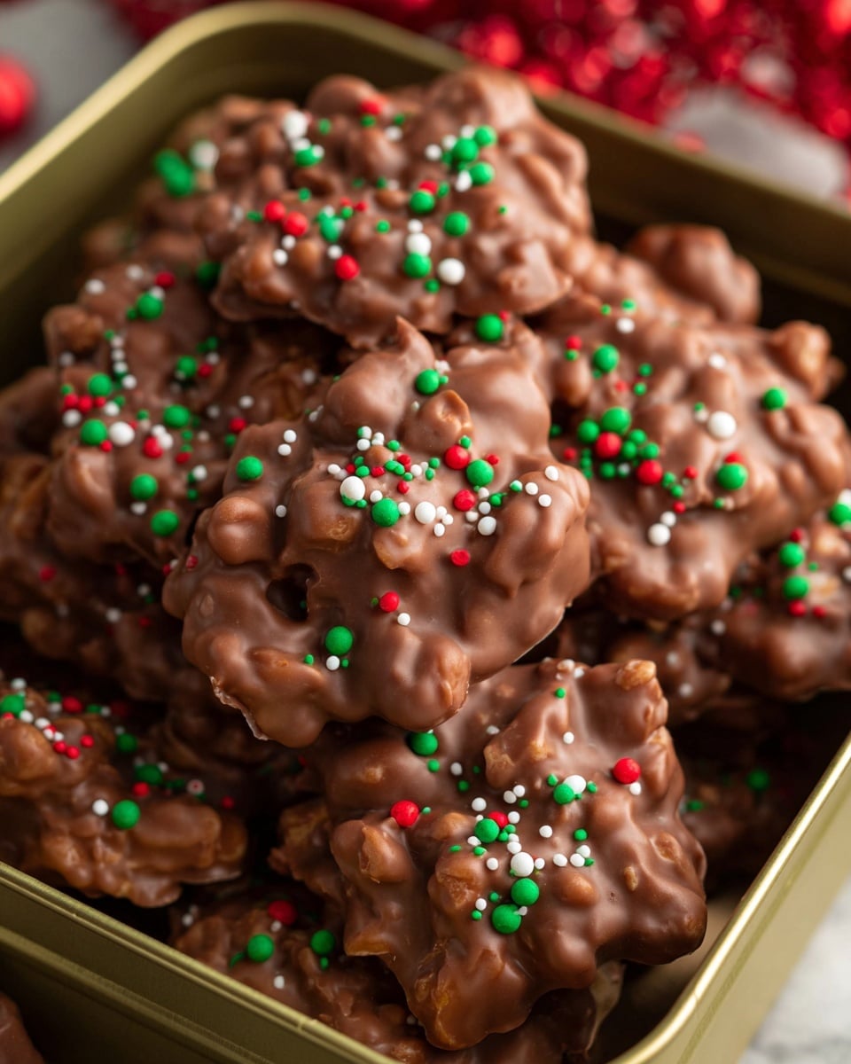A pile of irregularly shaped milk chocolate clusters covered with red, green, and white round and rod-shaped sprinkles is shown on a white marbled surface. One cluster is broken in half, revealing a dense layer of peanuts inside, light brown and cream in color, embedded within the smooth, thick chocolate. The clusters have a rough texture with uneven tops and rounded edges. In the background, more clusters are piled inside a white dish, with some out of focus holiday decorations adding a festive touch. The overall color palette includes warm brown tones from the chocolate and bright festive red, green, and white from the sprinkles. photo taken with an iphone --ar 4:5 --v 7