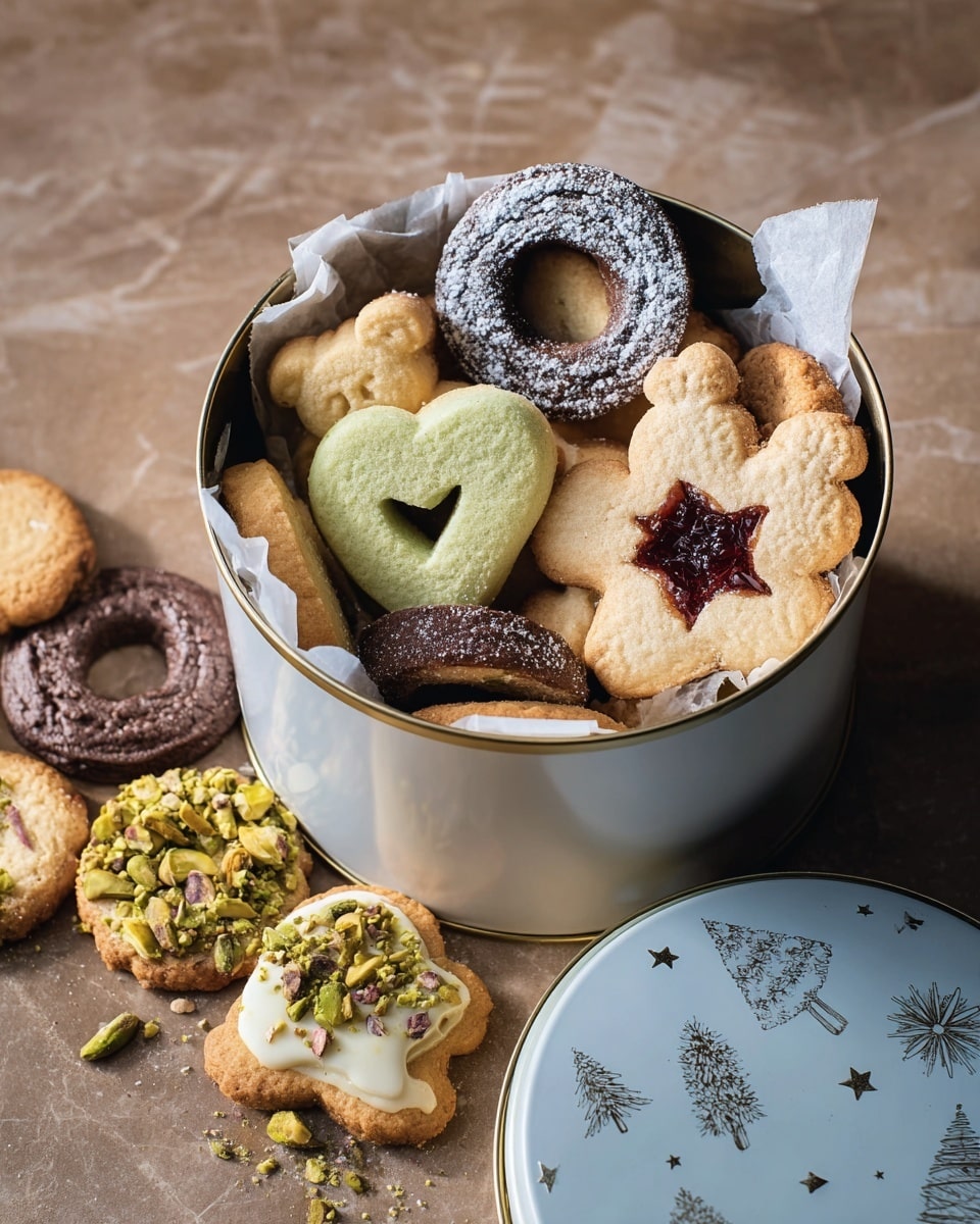 Inside a round white tin lined with crumpled white parchment paper, there is an assorted collection of cookies. One cookie is a light green circle with a beige heart shape inside it, next to a star-shaped cookie with white icing stripes on the surface. There is a chocolate star sandwich cookie dusted with powdered sugar around the edges and a round cookie with a heart-shaped red jam center topped with powdered sugar. A sugar-coated bear-shaped cookie sits near the top, alongside round green cookies dipped in white icing and sprinkled with chopped pistachios. There is also a larger chocolate ring cookie decorated with chocolate and pistachio pieces resting partially on the tin’s edge. The background is a white marbled texture. Photo taken with an iphone --ar 4:5 --v 7