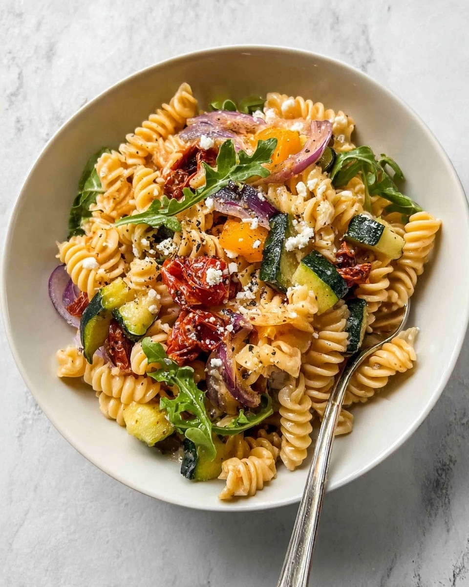 A white bowl is filled with a colorful pasta salad made of curly rotini pasta that is pale yellow. Mixed into the pasta are several visible layers: bright orange roasted butternut squash cubes, dark green zucchini chunks, pieces of roasted red cherry tomatoes, thin slices of purple-red onion, and small bits of white feta cheese sprinkled throughout. Green leafy arugula adds a fresh layer with a slightly dark green color. The bowl rests on a white marbled surface, and a silver fork is placed inside the bowl on the right side. photo taken with an iphone --ar 4:5 --v 7
