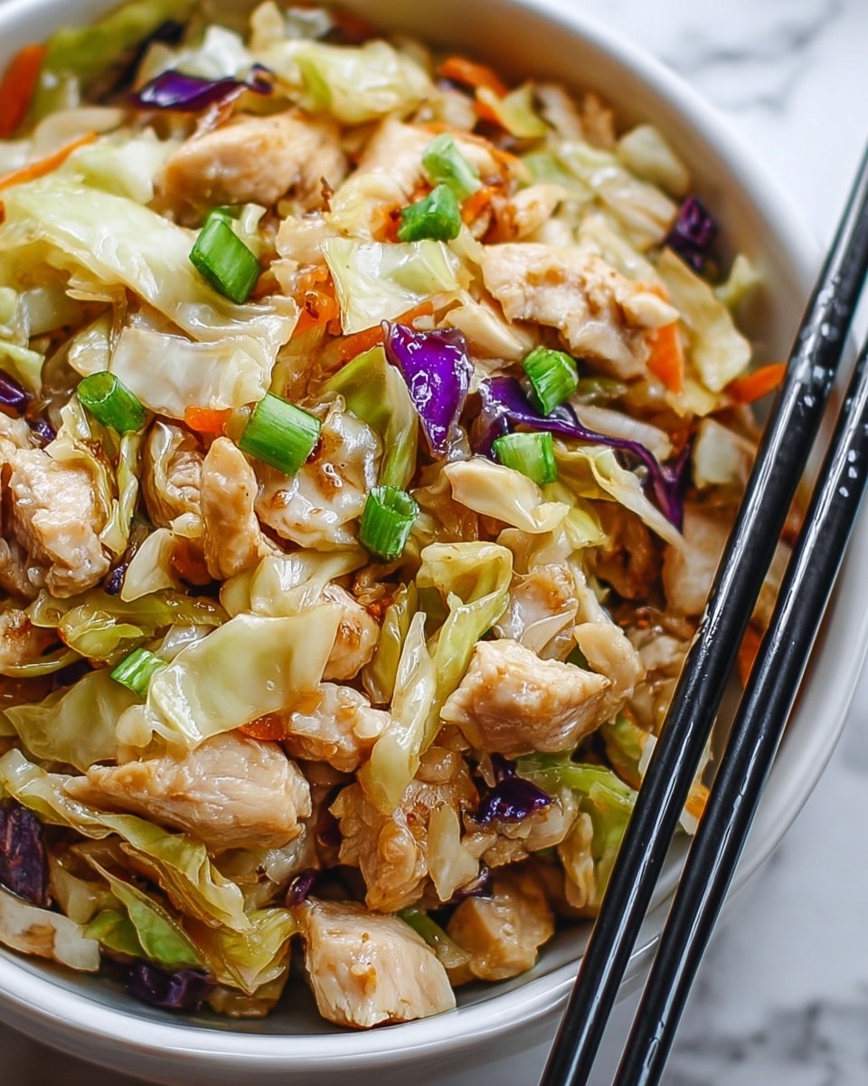 A close-up image of a white bowl filled with chopped chicken and mixed stir-fried vegetables, including light green cabbage, small orange carrot pieces, dark purple onion bits, and bright green scallions. The chicken pieces are light brown with a slightly crispy texture, mixed evenly with the translucent, sautéed cabbage leaves and other colorful vegetables. A pair of black chopsticks is held by a woman's hand, picking up a piece from the bowl. The bowl is placed on a white marbled surface. photo taken with an iphone --ar 4:5 --v 7