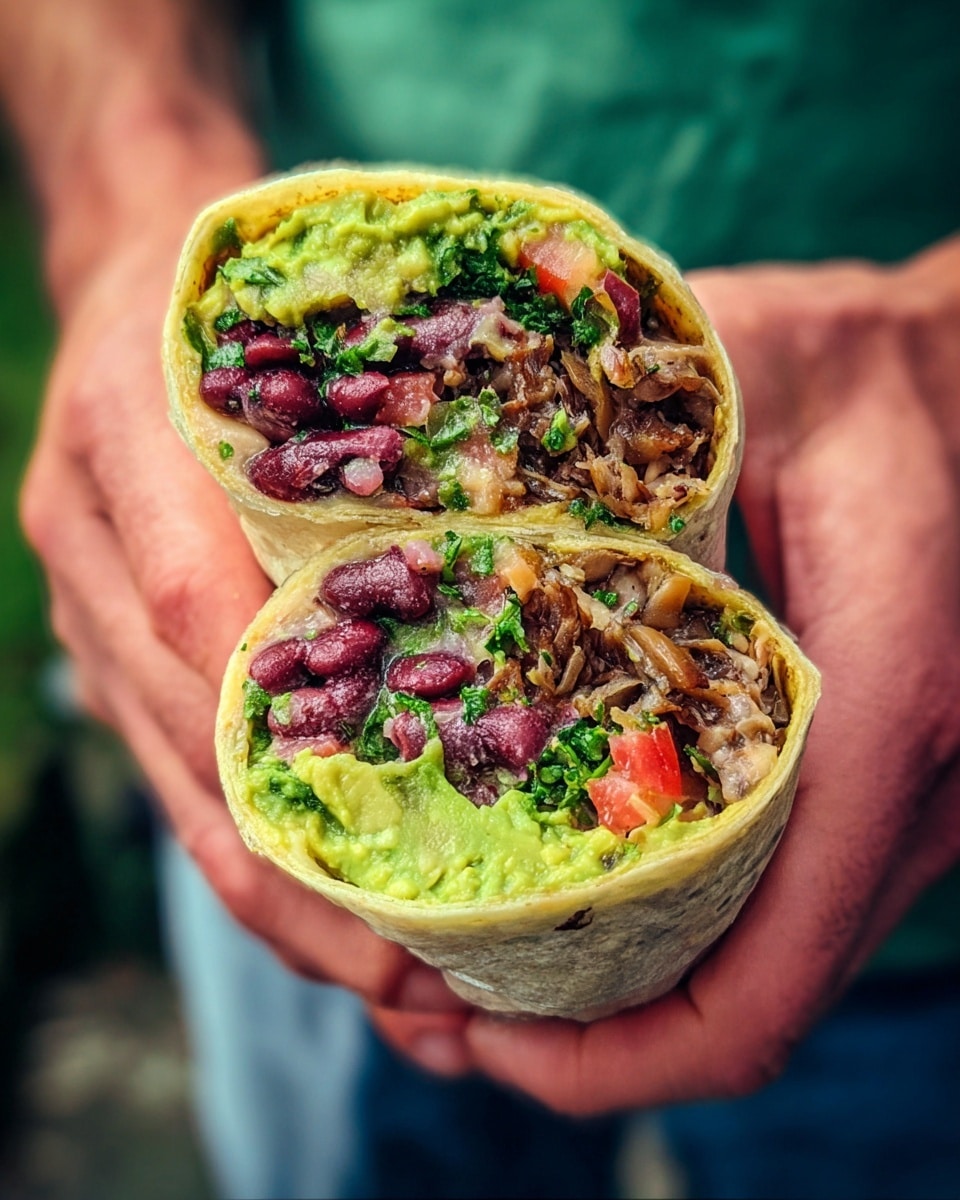 A close-up shows two halves of a tortilla wrap held in a man's hands, filled with layers including soft brown shredded mushrooms on the top right, bright green guacamole with a smooth texture in the middle, red kidney beans mixed with chopped green herbs creating a chunky dark purple layer, and small pieces of red tomato adding pops of bright color. The wrap itself is a light tan color with a soft, slightly textured surface. The background is blurred but shows varied colors, with the man wearing a green shirt. photo taken with an iphone --ar 4:5 --v 7