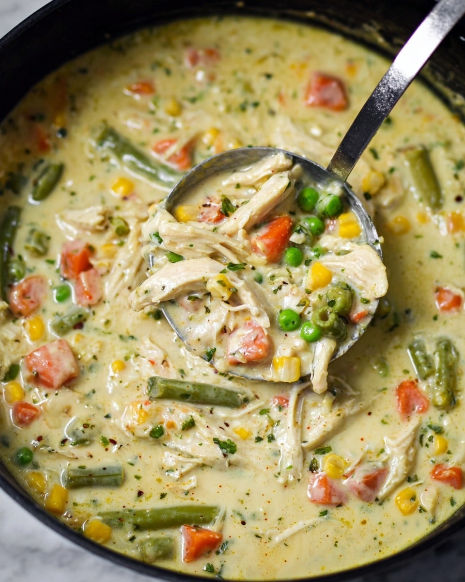 A close-up view of a creamy chicken stew in a black pot, showing thick, light yellow sauce mixed with tender shredded chicken pieces distributed throughout. Bright green peas, orange carrot cubes, green beans, and bits of yellow corn are scattered evenly in the stew. A silver ladle is scooping up a portion, filled with the creamy sauce, chunks of chicken, peas, and carrots. The stew has a soft, smooth texture with visible herbs and spices mixed in the sauce. The scene is set on a white marbled surface. photo taken with an iphone --ar 4:5 --v 7