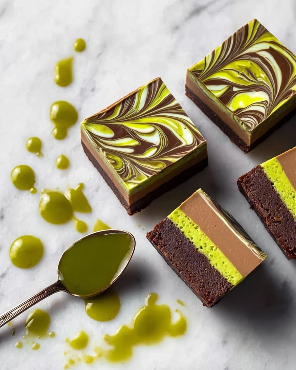 The image shows four square dessert pieces on a white marbled surface, three of them face-up and one on its side to reveal three layers: a top light brown layer, a middle bright green layer, and a bottom dark brown layer. The tops of the face-up pieces have a smooth milk chocolate base decorated with green and white swirled lines forming a wavy leaf-like pattern. Next to the desserts is a silver spoon covered with glossy green sauce, with extra green sauce dots and smudges on the surface nearby. Photo taken with an iphone --ar 4:5 --v 7
