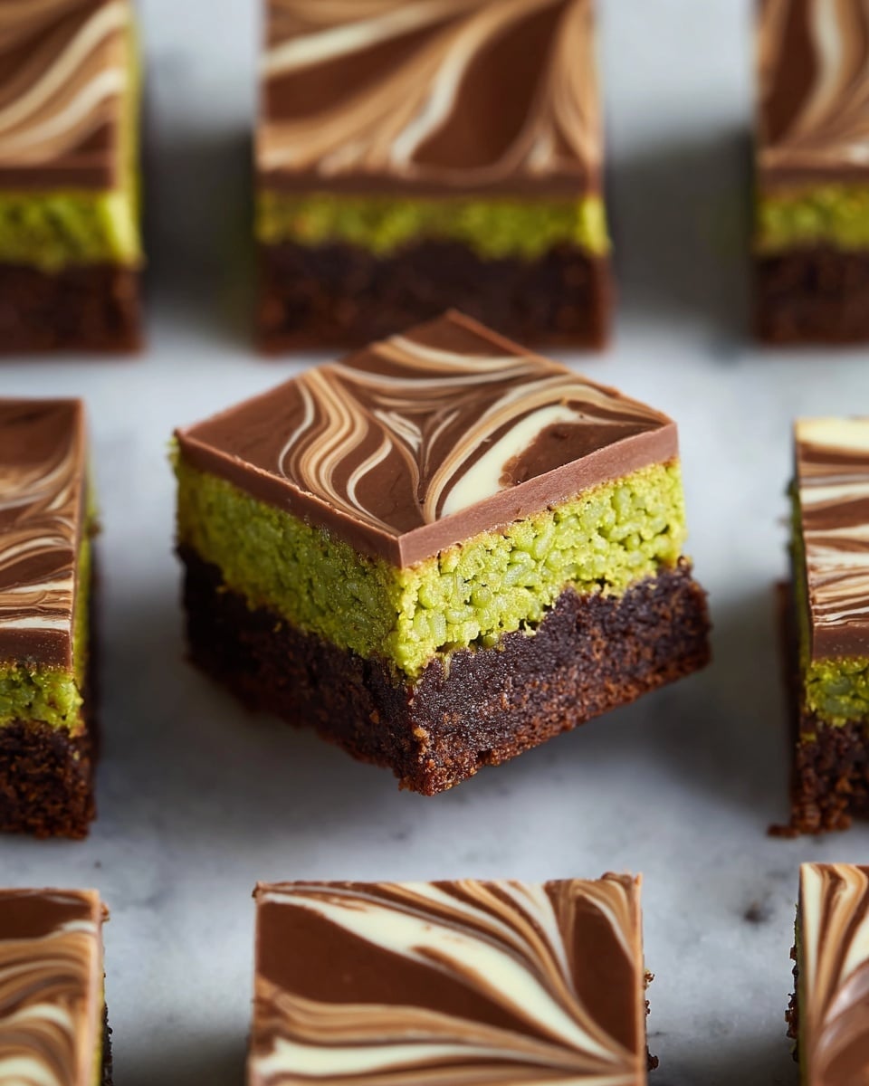 The image shows a close-up of a square dessert bar with three distinct layers. The bottom layer is dark, rich chocolate brown with a dense and slightly crumbly texture. The middle layer is bright green with a sticky, rice-like texture, giving the impression of a chewy filling. The top layer is smooth milk chocolate brown, decorated with swirled patterns of white and green lines creating a wave-like effect. Surrounding this main square treat are other pieces of the same dessert, neatly cut and arranged on a white marbled surface. Photo taken with an iphone --ar 4:5 --v 7