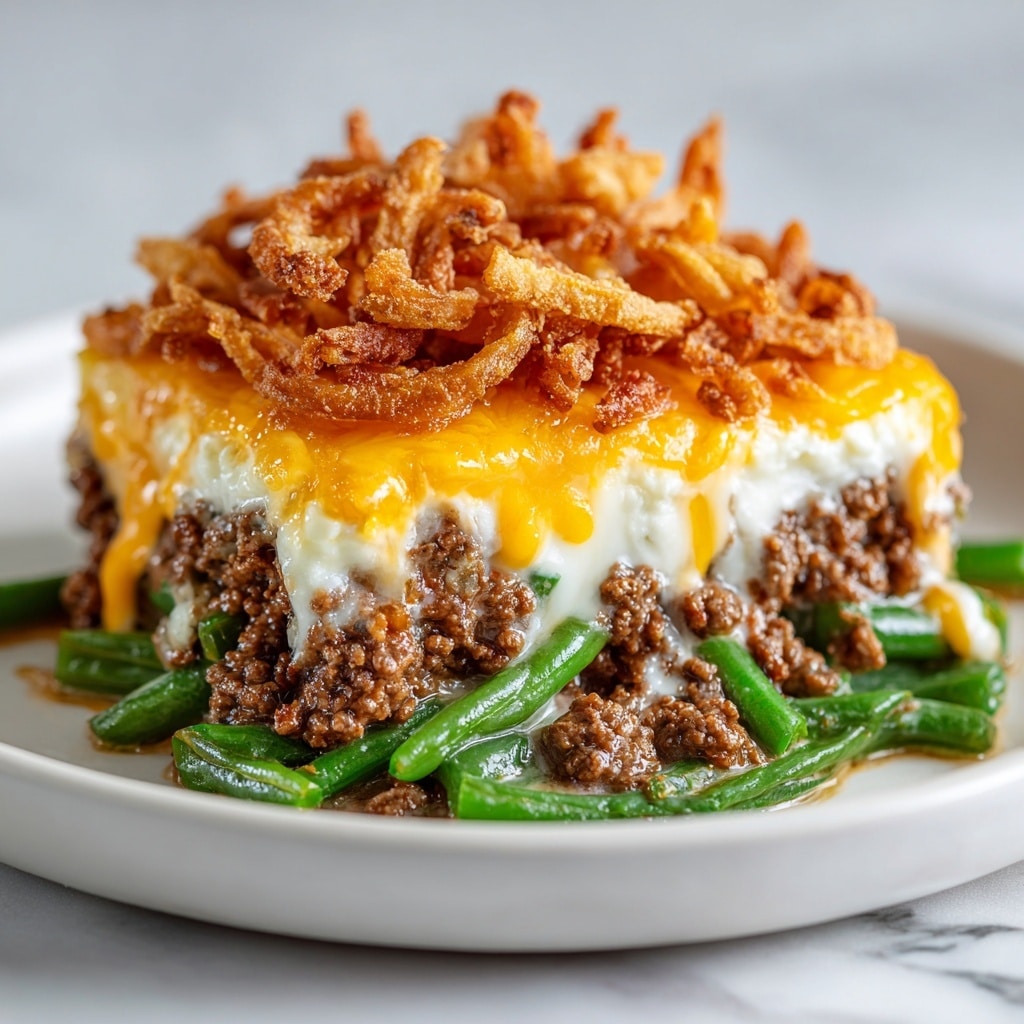 A close-up view of a layered casserole slice on a white plate shows four layers: at the bottom are whole green beans with a smooth white creamy sauce covering them, followed by a thick layer of ground meat mixed with more creamy sauce, then another layer of green beans partially visible, topped with a melted bright orange cheddar cheese layer, and finished with a large mound of crispy golden-brown fried onion strings on top. The plate sits on a white marbled texture surface. photo taken with an iphone --ar 4:5 --v 7