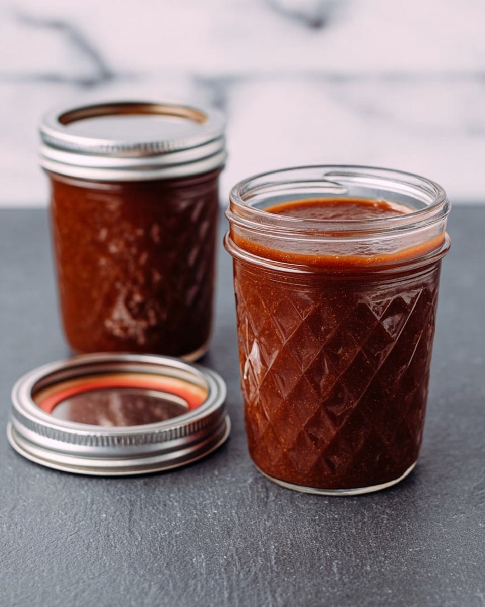 Two clear glass jars with silver lids, filled with thick, chunky dark reddish-brown sauce. One jar is open with the lid lying beside it, showing the smooth texture of the sauce inside. Both jars sit on a dark gray slate surface, with a white marbled textured background. The jars have a diamond pattern on the glass. photo taken with an iphone --ar 4:5 --v 7