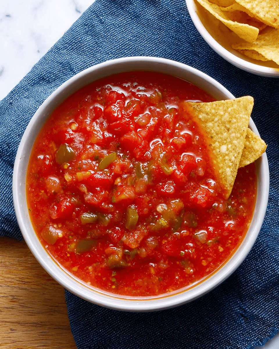 A white bowl filled with chunky red salsa showing visible pieces of green peppers and tomatoes, with a light texture that looks thick but not smooth. A triangular tortilla chip is dipped into the salsa, standing upright on the right side of the bowl. The bowl is placed on a light blue cloth on top of a white marbled surface. In the background, there are glass jars filled with the same salsa and a part of a white bowl containing more tortilla chips on the left side. The lighting is soft and natural, highlighting the vibrant red and green colors in the salsa. photo taken with an iphone --ar 4:5 --v 7