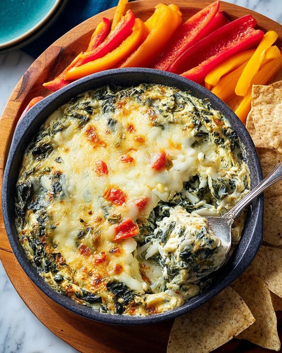 A dark round dish holds a creamy spinach and cheese casserole with melted white cheese melted on top, some parts slightly golden brown. The casserole has a thick texture with visible leafy green spinach mixed throughout. A silver spoon scoops out a section from the right side. The dish sits on a wooden board with colorful sliced red, orange, and yellow bell peppers on the left side and light brown pita chips on the bottom right. The background is a white marbled texture. Photo taken with an iphone --ar 4:5 --v 7