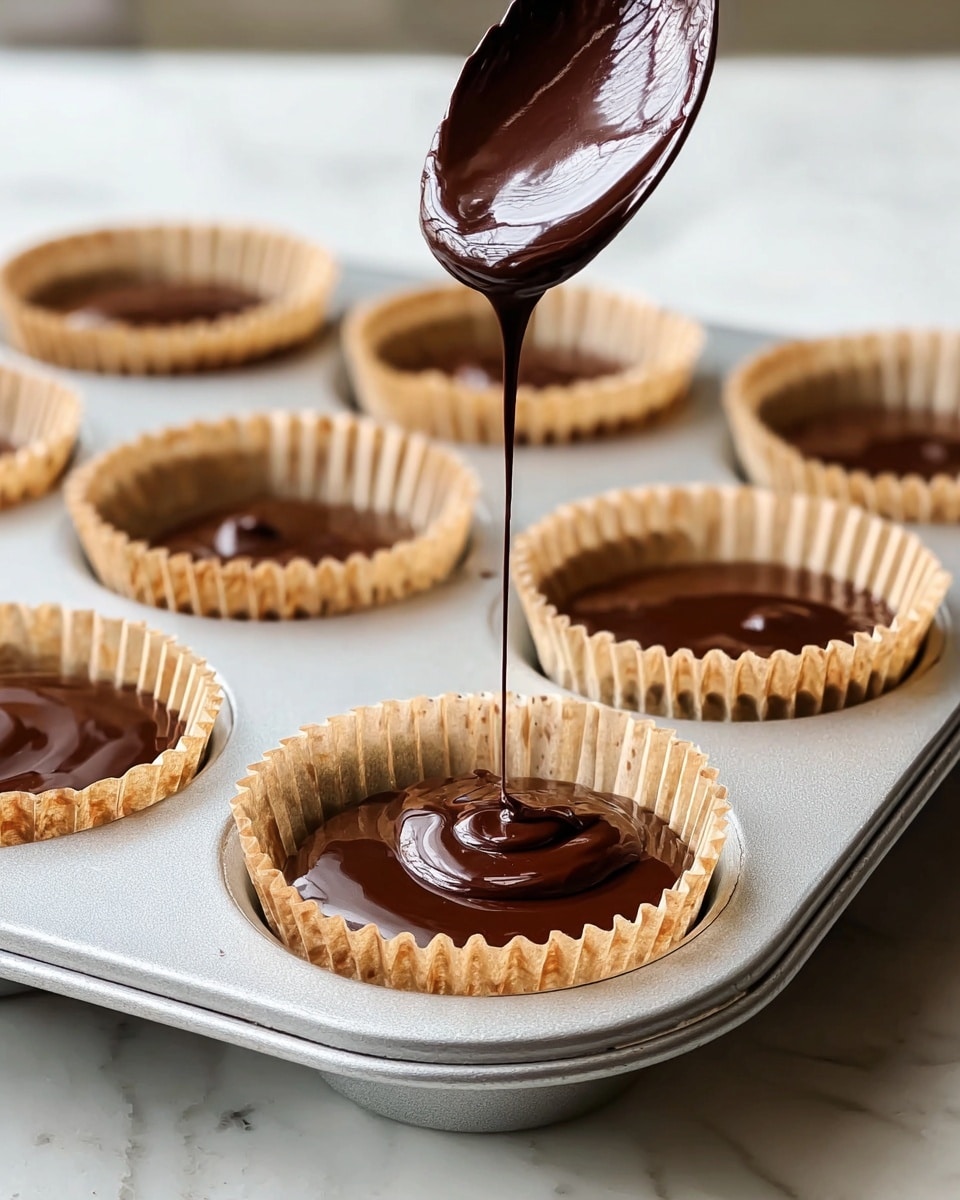 The image shows six cupcake liners in a silver muffin tin on a white marbled surface, each liner filled with a smooth, shiny layer of dark brown chocolate batter. A spoon above the front cupcake liner drips thick, liquid chocolate into it, creating a sense of motion as the chocolate falls in a thin stream and pools in the center. The cupcake liners are light beige with crinkled edges, holding the rich chocolate batter inside. The background is softly blurred, keeping the focus on the glossy chocolate and the muffin tin. photo taken with an iphone --ar 4:5 --v 7
