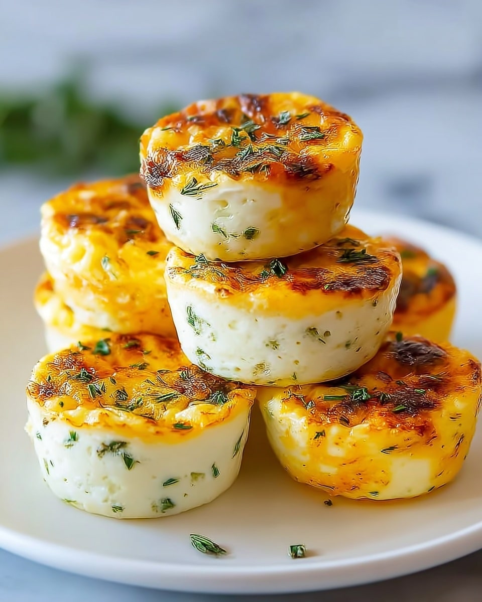 The image shows a stack of five small round egg muffins on a white plate, placed on a white marbled surface. Each muffin has a golden-brown top layer with a slightly crispy texture and small green herb pieces sprinkled on it. The sides of the muffins are creamy yellow and white, showing soft cooked egg mixed with bits of green herbs, giving a fluffy and moist appearance. The muffins are arranged with three on the bottom, one on top in the center, and one slightly resting on the side, creating a small pyramid shape. A few green herb leaves are scattered on the plate. Photo taken with an iphone --ar 4:5 --v 7