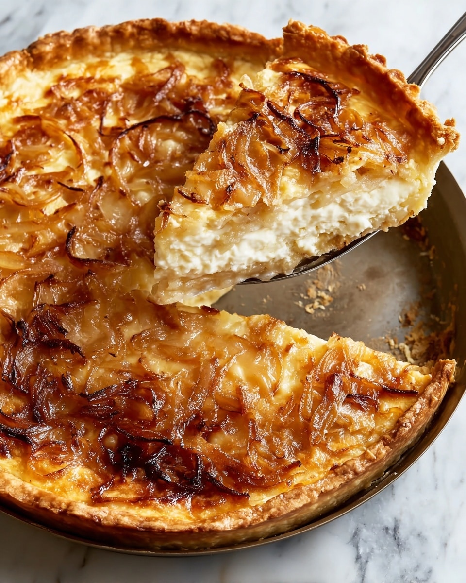 A round pie with a thick crust sits in a pan on a white marbled surface, with one slice lifted by a metal spoon. The pie shows three main layers: the bottom crust is golden brown and flaky, the middle layer is thick and creamy white cheese filling, and the top layer is a shiny, caramelized layer of cooked onions with a rich golden-brown color and slight crispy edges. The pie's edges are slightly raised and browned. Photo taken with an iphone --ar 4:5 --v 7