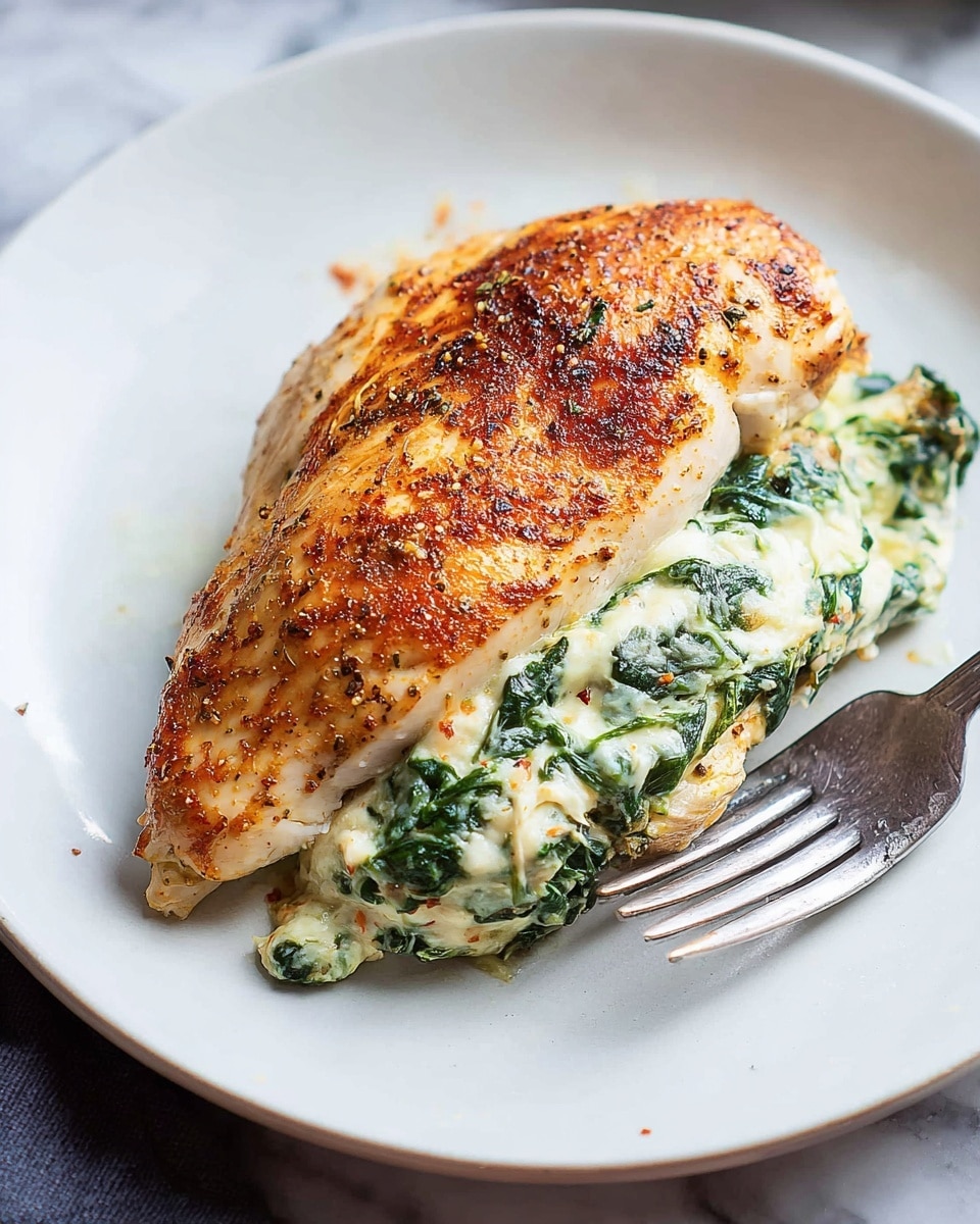 A cooked, lightly browned chicken breast folded in half on a white plate, stuffed with a creamy mixture of green spinach and white cheese that is spilling slightly from the middle; the chicken's surface has a golden, slightly crispy texture with hints of seasoning dusted on top, placed next to a silver fork resting on the plate; the plate sits on a white marbled texture underneath. photo taken with an iphone --ar 4:5 --v 7