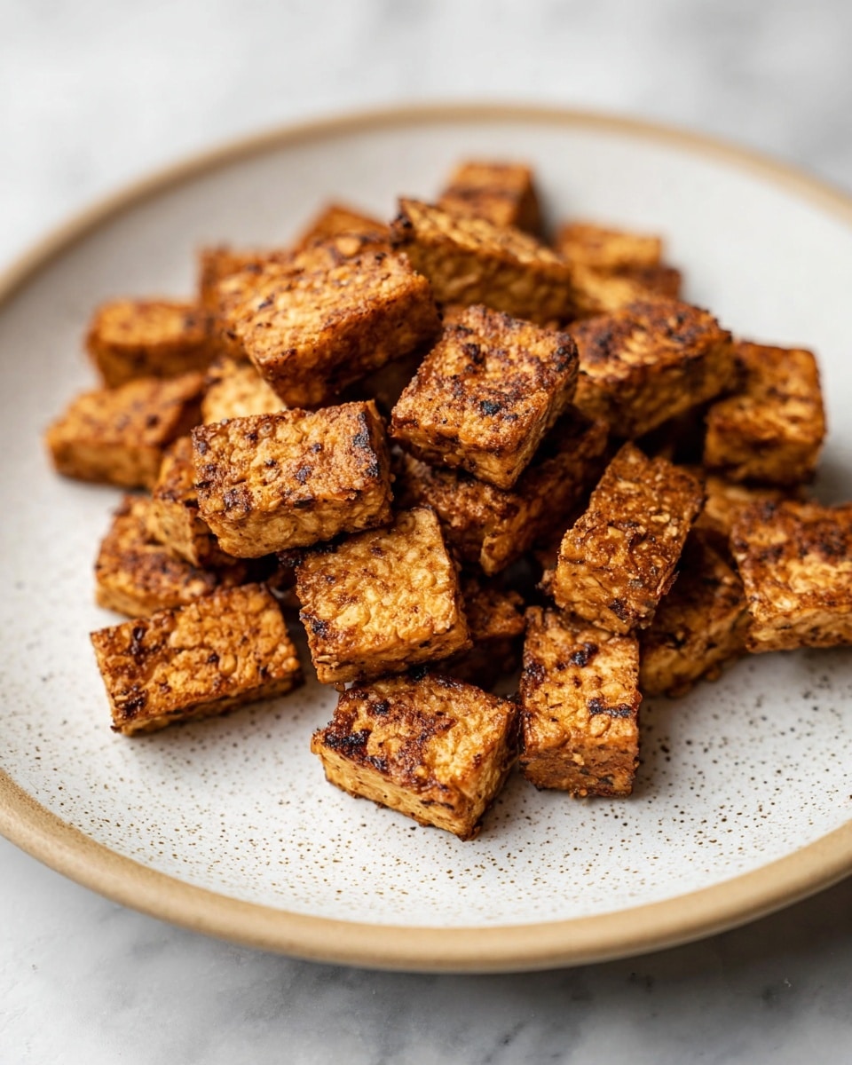 A bowl with three main layers is shown from above on a white marbled texture. The first layer on the bottom right consists of soft, light beige cooked grains, likely barley or rice, tightly packed. On the left side, there are many golden-brown crispy tempeh cubes stacked over each other, showing a rough textured surface. The top middle portion contains a colorful mix of shredded dark green leafy vegetables, bright purple cabbage strips, small orange carrot pieces, and sliced light almond slivers, creating a fresh contrast with the grains and tempeh. Next to the bowl, there is a white plate with more golden-brown tempeh cubes scattered on it, and a cream-colored cloth napkin lies partially visible at the bottom right edge of the image. Photo taken with an iphone --ar 4:5 --v 7