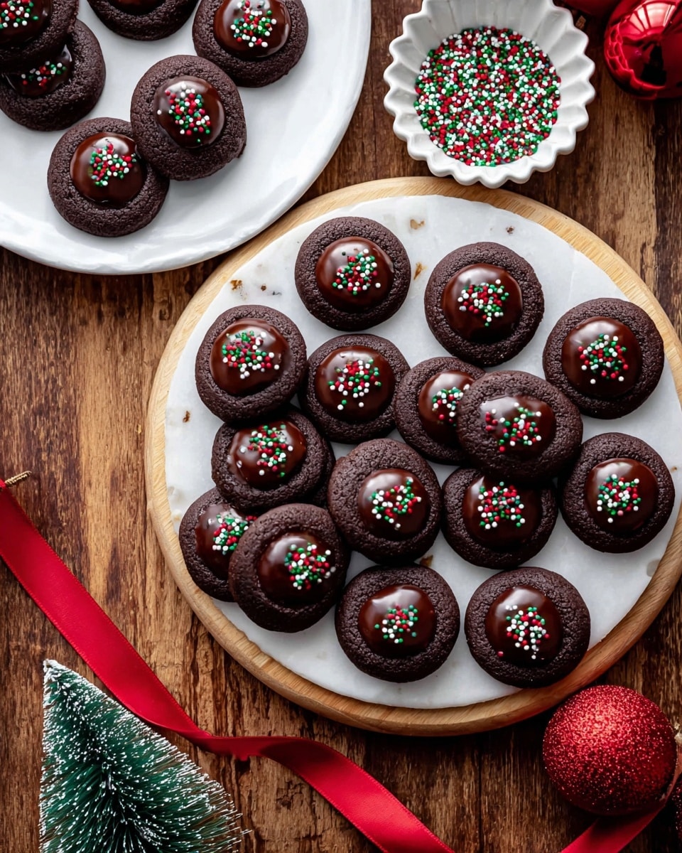 A stack of five dark chocolate cookies sits on a white wooden surface with a white marbled texture in the background. The cookies have a soft, textured surface and are thick and round. The top cookie is bitten into, revealing a smooth, shiny dark chocolate filling inside. On top of the filling, there are small round red, green, and white sprinkles, some falling onto the cookie below. A red ribbon curves along the bottom left corner, and red and gold Christmas ornaments along with a pine branch create a festive setting in the background. Photo taken with an iphone --ar 4:5 --v 7