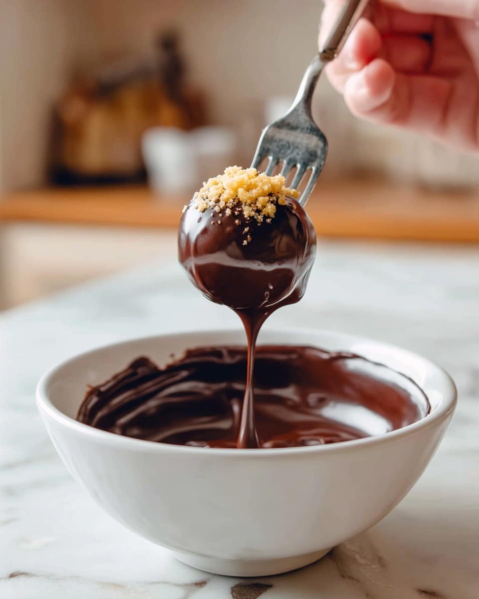 A small round ball treat covered in a shiny dark chocolate layer is held by a woman's hand using a fork above a white bowl filled with melted glossy dark chocolate. The ball shows a crunchy golden topping where the fork pierces it. The chocolate coating drips slowly from the ball back into the bowl, creating a smooth, flowing texture. The bowl rests on a white marbled surface with a soft out-of-focus background. photo taken with an iphone --ar 4:5 --v 7