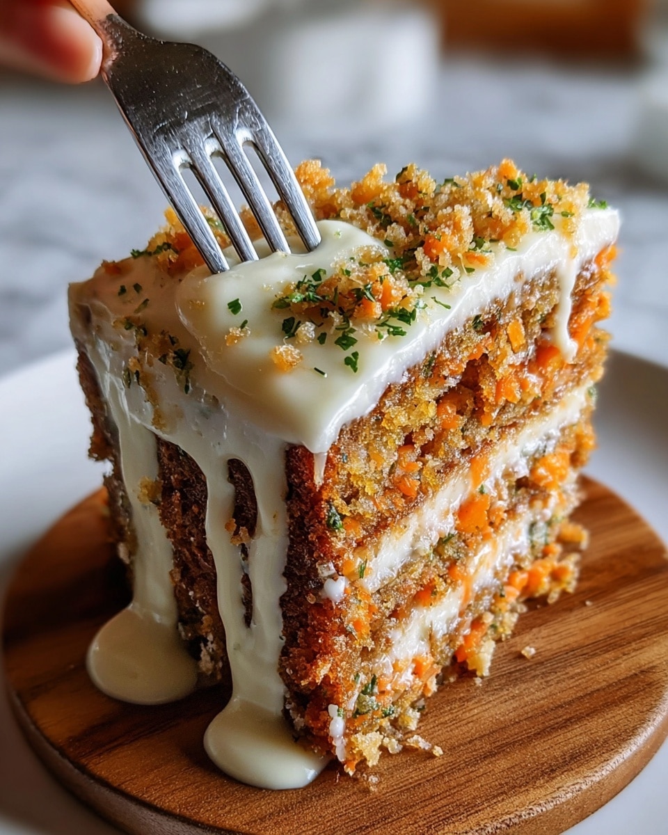 A close-up of a thick slice of carrot cake with two visible layers of moist, textured cake filled with grated orange carrots and small bits of nuts or fruit, separated by a creamy white frosting layer. The top is covered with a generous layer of white frosting that is dripping down the sides unevenly, with small green herb flecks and crunchy golden-brown crumbs sprinkled on top. The cake piece is placed on a wooden board, which sits on a white plate, all set against a white marbled surface. A silver fork is inserted into the top of the slice, held by a woman's hand. photo taken with an iphone --ar 4:5 --v 7
