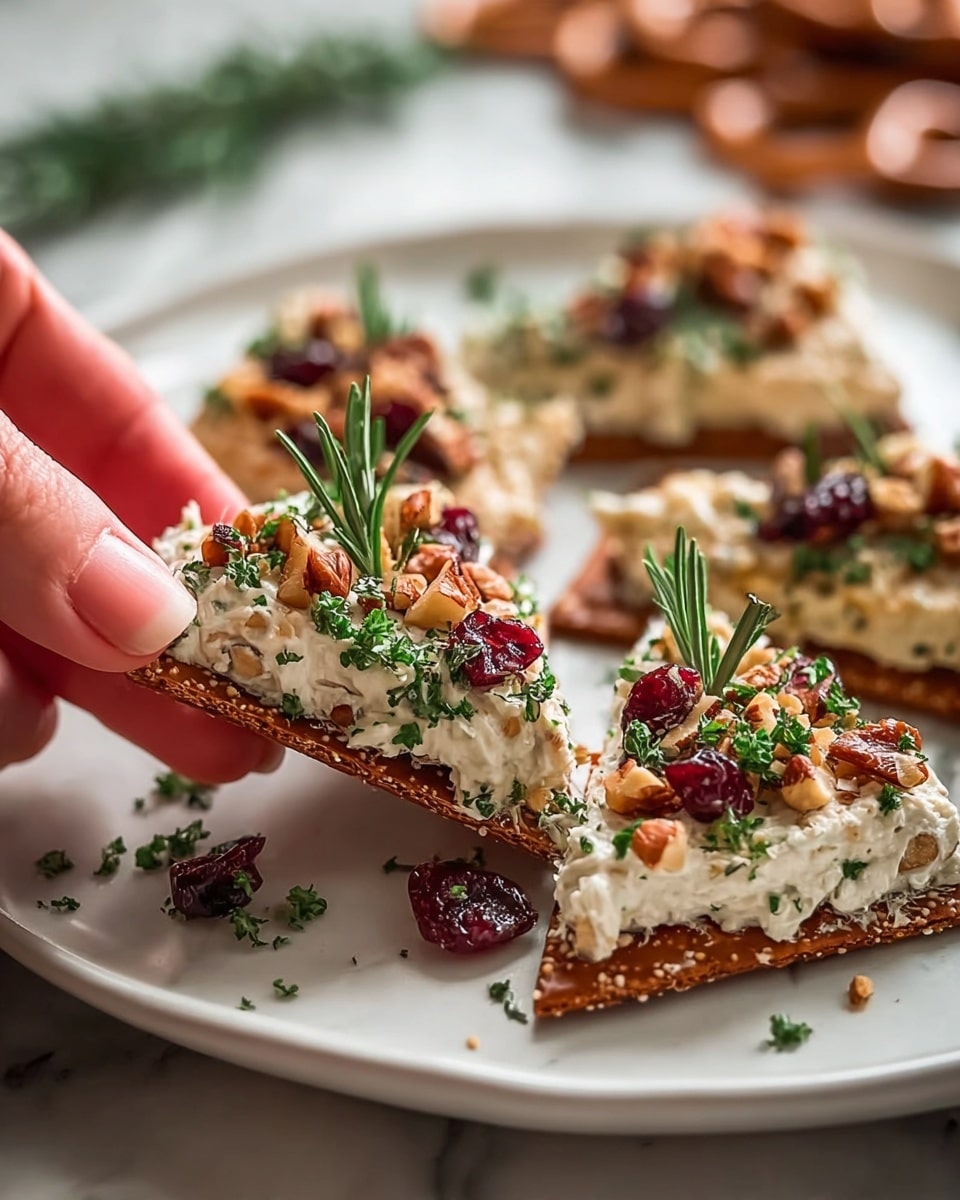 The image shows four triangular treats shaped like Christmas trees resting on a white plate with a white marbled texture underneath. Each treat has two visible layers: a base layer of light brown cracker or bread, topped by a thick, creamy white cheese spread mixed with small red bits. The cheese layers are decorated with scattered whole pecans and dried cranberries, along with finely chopped green herbs evenly spread on top. A single fresh dark red grape sits at the top point of each triangle, and a thin, crunchy pretzel stick is placed horizontally at the wide end of each triangle, resembling a tree trunk. A sprig of fresh green rosemary is placed in the background for decoration. Woman's hand holds one of the triangular treats at the bottom left corner of the image. photo taken with an iphone --ar 4:5 --v 7