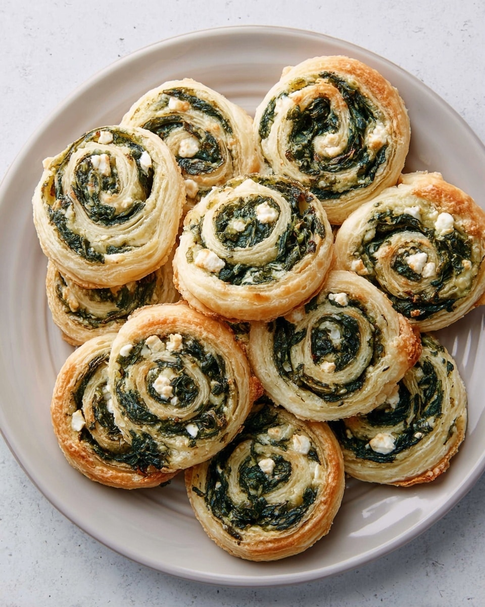 A plate filled with golden brown puff pastry pinwheels, each with multiple layers of flaky, light dough spiraled around a filling of dark green spinach and white crumbled cheese. The pinwheels are stacked closely together, showing the swirl pattern clearly from the top view, with the spinach and cheese evenly spread inside each swirl. The plate is white and sits on a surface with a white marbled texture. photo taken with an iphone --ar 4:5 --v 7