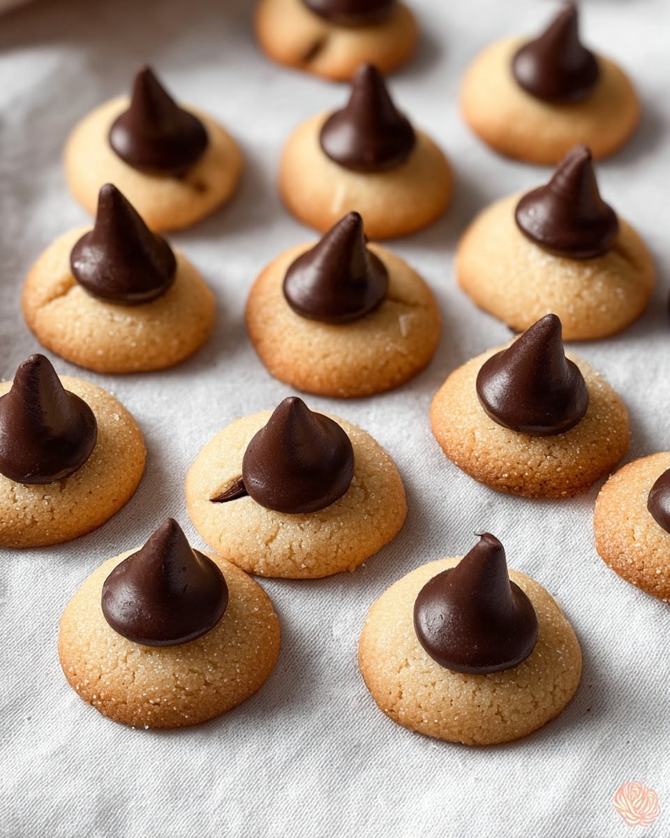 The image shows multiple small treats spread on a soft white cloth. Each treat has three parts: a round pale golden cookie on top, a thick dark brown chocolate layer in the middle that holds the shapes together, and a small dark brown chocolate drop standing upright in the center of the cookie. The cookies have a smooth, slightly crumbly texture, while the chocolate looks shiny and solid. The treats are spaced evenly, with some laid flat and others standing on their pointed chocolate base, all creating a playful pattern. Photo taken with an iphone --ar 4:5 --v 7