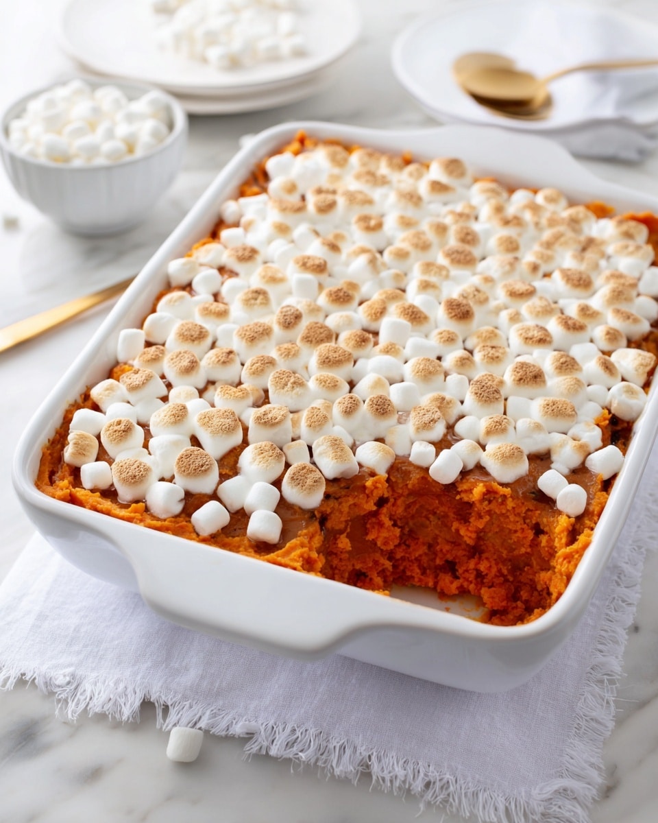 The image shows a white baking dish with two distinct layers: the bottom layer is a mashed bright orange sweet potato mixture that looks soft and chunky, and the top layer is made of small, evenly spread toasted marshmallows with a golden brown, slightly crispy surface. The dish is placed on a white marbled surface, with a white cloth partially visible in front. In the background, there is a small white bowl with a golden spoon and a white bowl filled with mini marshmallows. photo taken with an iphone --ar 4:5 --v 7