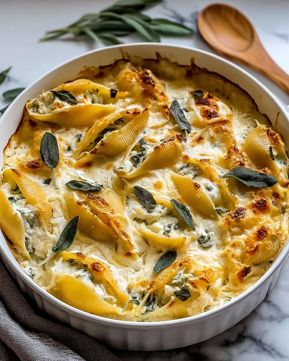 A white round baking dish holds a baked pasta shell dish with two visible layers; the bottom layer shows creamy white cheese sauce mixed with herbs, while the top layer consists of large yellow pasta shells stuffed with a white cheese filling, browned and bubbly from baking. Scattered evenly on top are fresh green sage leaves adding a touch of color and texture contrast. The pasta shells appear soft and slightly toasted at the edges, sitting in a light, creamy sauce pooling slightly around them. The dish is presented on a white marbled surface with a wooden utensil and a gray cloth nearby. photo taken with an iphone --ar 4:5 --v 7