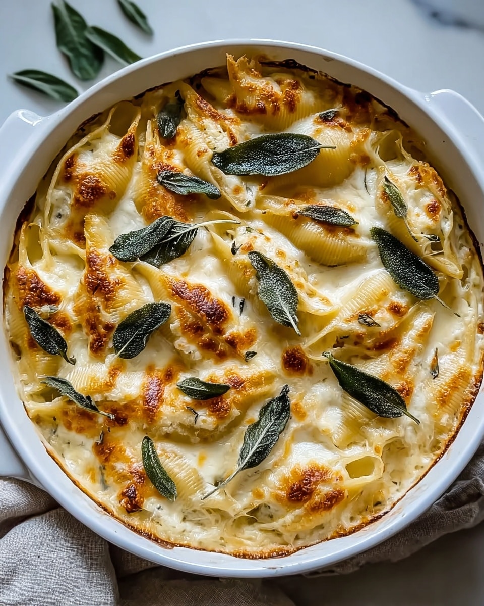 A white round baking dish filled with one layer of large pasta shells that are covered in creamy melted cheese, with parts of the cheese browned and bubbly on top. The shells are stuffed and evenly placed, with fresh green sage leaves scattered on the top layer, adding contrast to the golden brown and creamy white tones. The edges of the dish have some baked cheese that turned slightly golden. The dish sits on a soft white marbled surface with neutral-colored cloths partly visible around it. photo taken with an iphone --ar 4:5 --v 7
