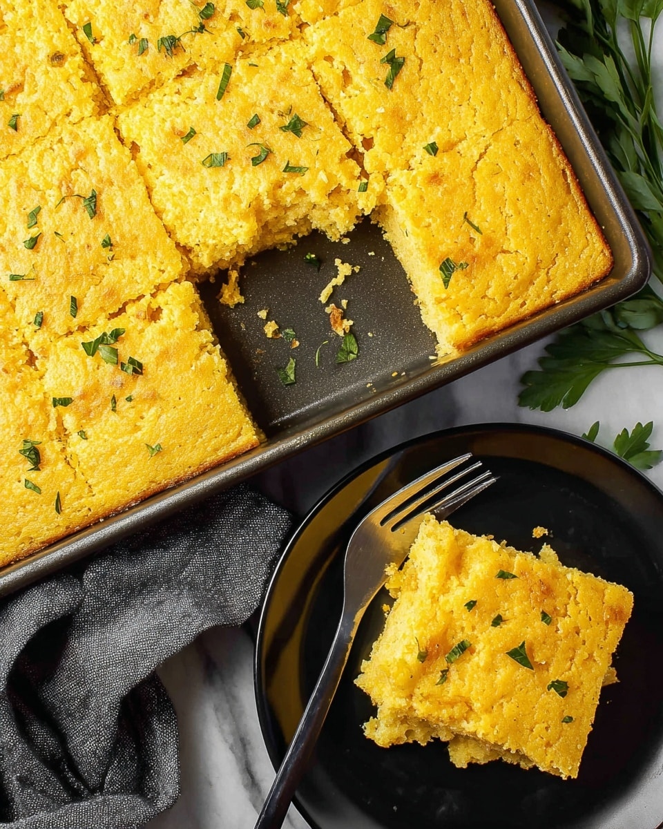 A close-up top view of a thick, golden-yellow baked dish with a slightly rough and porous texture, sprinkled with small green herb pieces on top; it is cut into square pieces with one piece served on a black plate placed below the main dish pan, alongside a dark fork resting on the plate. The background features a white marbled texture, a few green herb leaves, and a gray cloth. Photo taken with an iphone --ar 4:5 --v 7