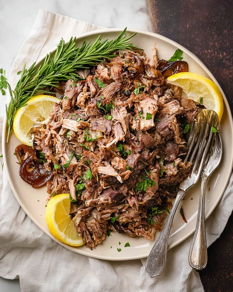 A round white plate full of shredded cooked meat with a mix of pink and brown colors, showing juicy and tender textures. On top of the meat, small green chopped herbs are sprinkled evenly. Around the meat, there are three roasted caramelized onion halves with a rich golden-brown color. Two fresh dark green bay leaves and two sprigs of fresh rosemary with thin needle-like leaves are placed on the plate. Two lemon wedges with bright yellow flesh and pale yellow skin rest opposite each other at the plate’s edge. On the right side of the plate, two silver forks are placed side by side. The plate sits on a white marbled surface with a light cloth partially visible nearby. Photo taken with an iphone --ar 4:5 --v 7