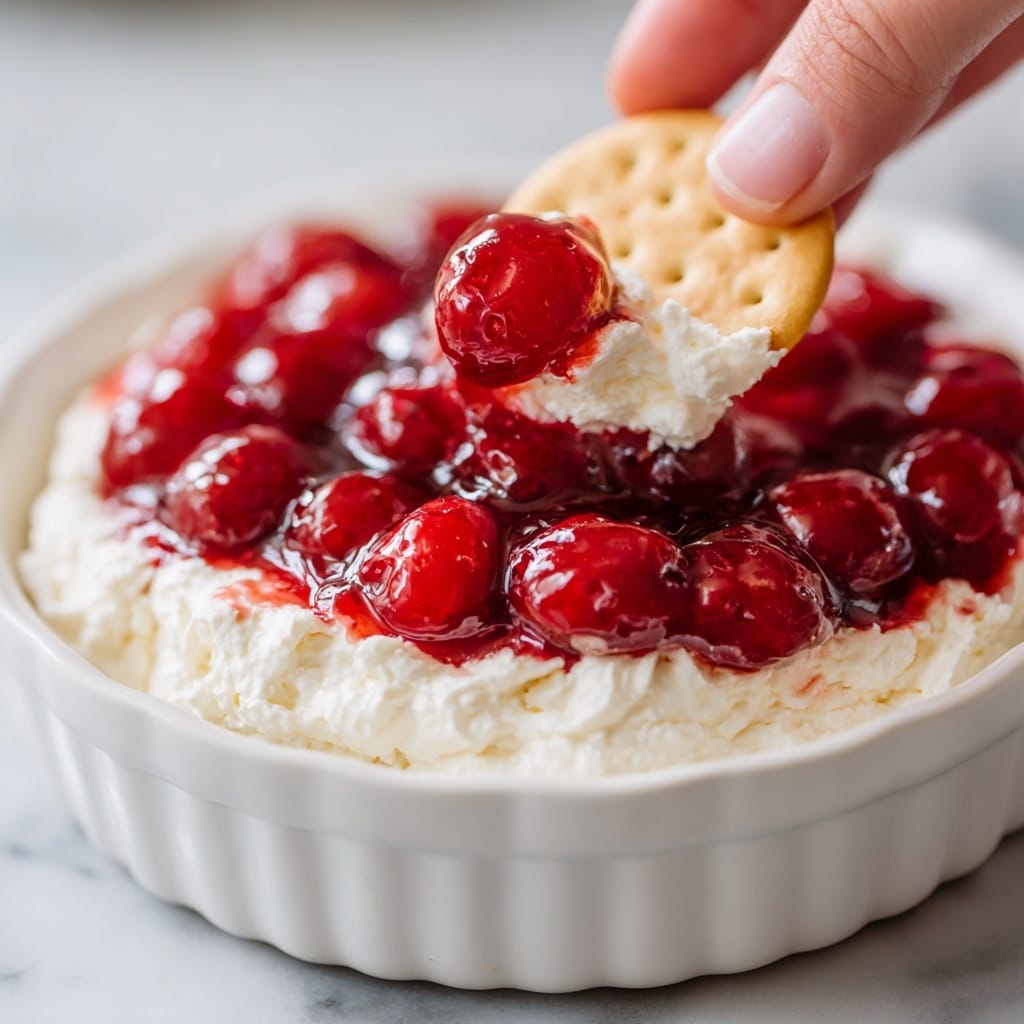 The image shows a close-up of a white bowl filled with a creamy white cheese dip topped with a thick layer of bright red cherry sauce, with visible whole cherries and juice glistening on top. A woman's hand with dark purple nail polish is holding a light yellowish tortilla chip dipped into the cherry sauce and cheese, with the chip partially covered by the sauce and cheese layers. The background is a white marbled texture with a striped blue and white cloth nearby. Photo taken with an iphone --ar 4:5 --v 7