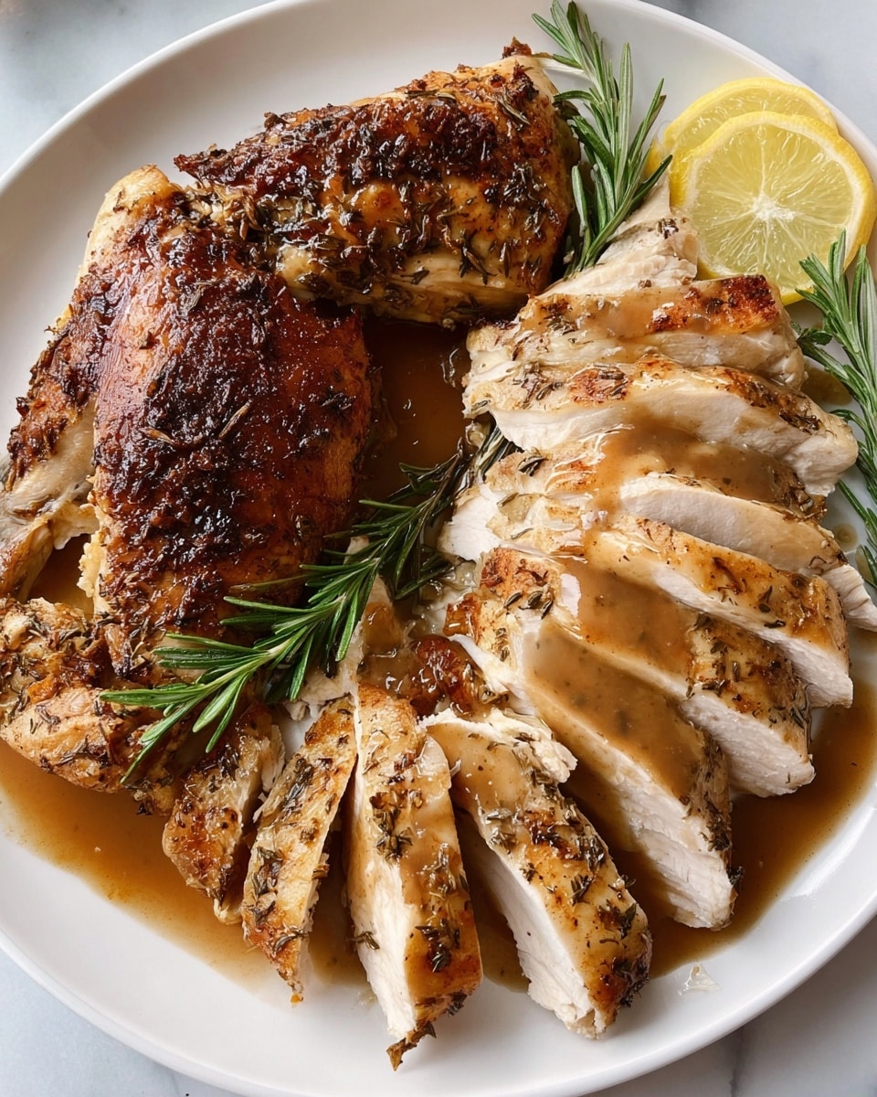 A white oval plate on a white marbled surface holds two main parts of cooked chicken: a whole seasoned breast with a dark brown, crispy skin, and several sliced pieces of tender, light brown cooked chicken arranged neatly beside it. There is a small drizzle of brown sauce on the sliced chicken, and a lemon wedge and sprigs of fresh green rosemary garnish the plate. A woman's hand is reaching in from the left edge of the image. Photo taken with an iphone --ar 4:5 --v 7