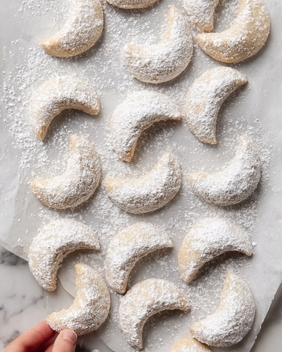 The image shows small crescent-shaped cookies arranged neatly on a white parchment paper, which is placed over a white marbled surface. Each cookie is light brown with a soft, crumbly texture and is dusted generously with white powdered sugar that also lightly covers the parchment around them. A woman's hand is visible at the lower left corner, gently holding one cookie. The overall scene gives a clean, soft feel with a focus on the shape and powdered sugar detail on the cookies. photo taken with an iphone --ar 4:5 --v 7