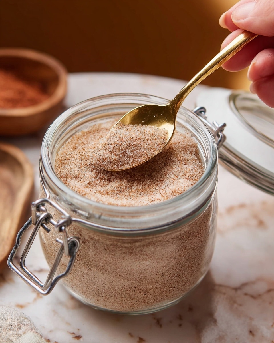 A close-up view of a clear glass jar filled to the top with a fine, light brown mixture of sugar and cinnamon. A small gold spoon is scooping into the mix, showing tiny grains swirling inside. The jar has a metal clasp and a white lid resting nearby on a white marbled textured surface. The background is warm and softly blurred. A woman's hand gently holds the spoon. photo taken with an iphone --ar 4:5 --v 7
